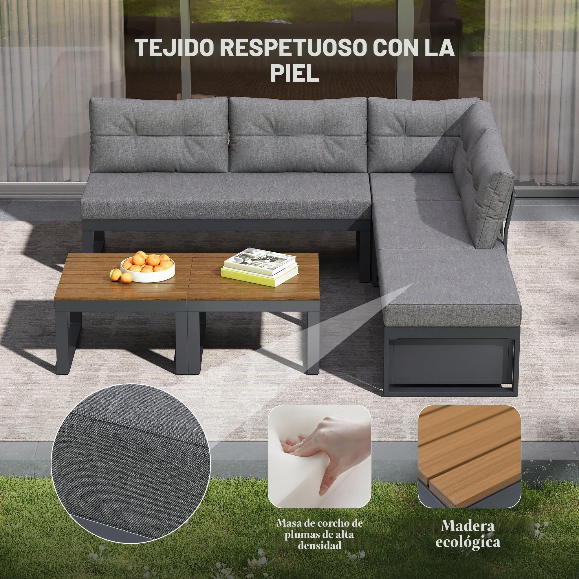 Conjunto de Jardin Exterior para 5 Personas, 5 Piezas, Set Muebles Jardin con 2 Mesa de Centro, Sofá Sillones con Cojines y Respaldo, Juego de Muebles de Jardín para Terraza Patio (Gris)