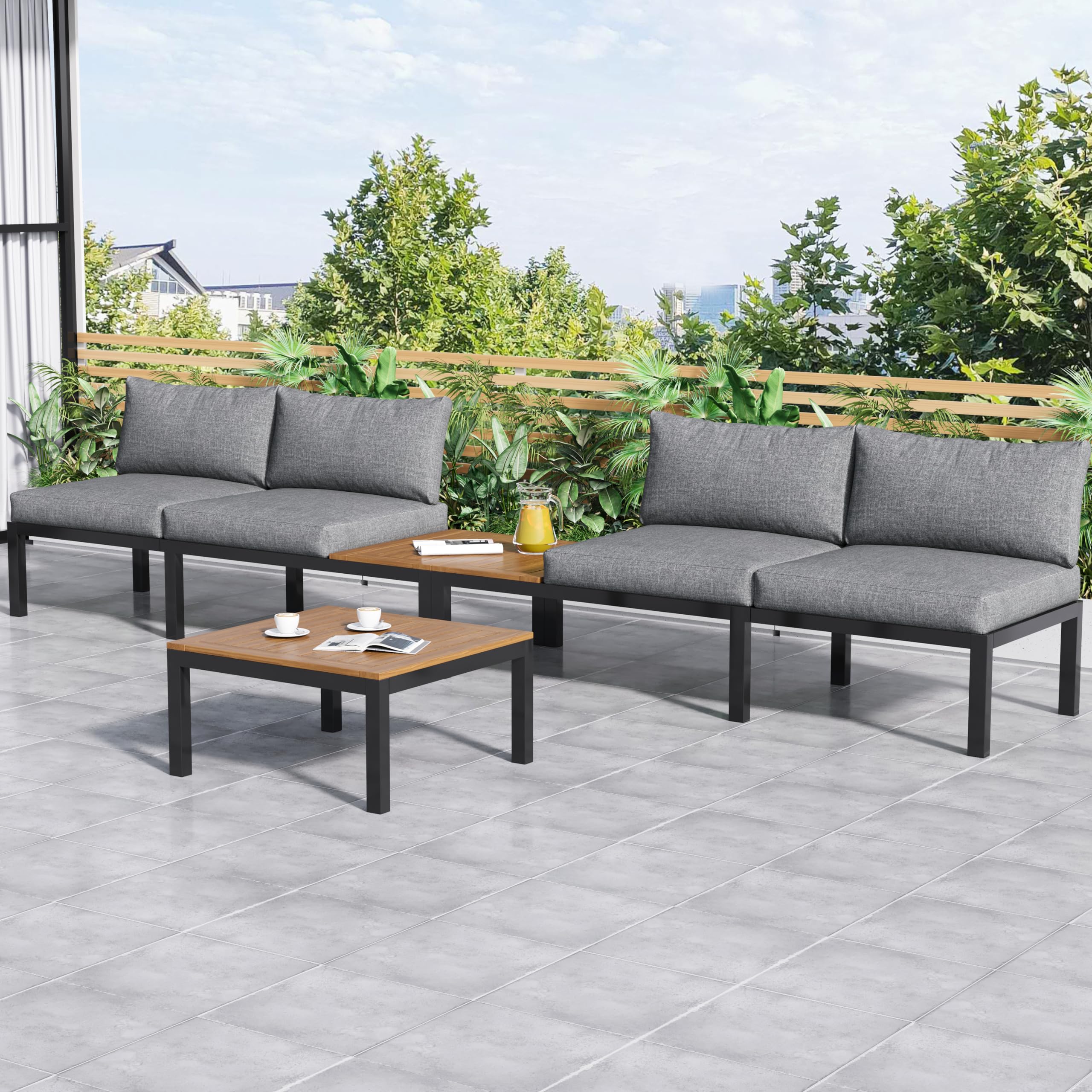 Juego de salón de jardín de 4 plazas, sofá cama cómodo con cojines, 2 asientos dobles, 1 mesa + 2 mesas de madera de acacia, estructura de acero galvanizado resistente, impermeable, gris