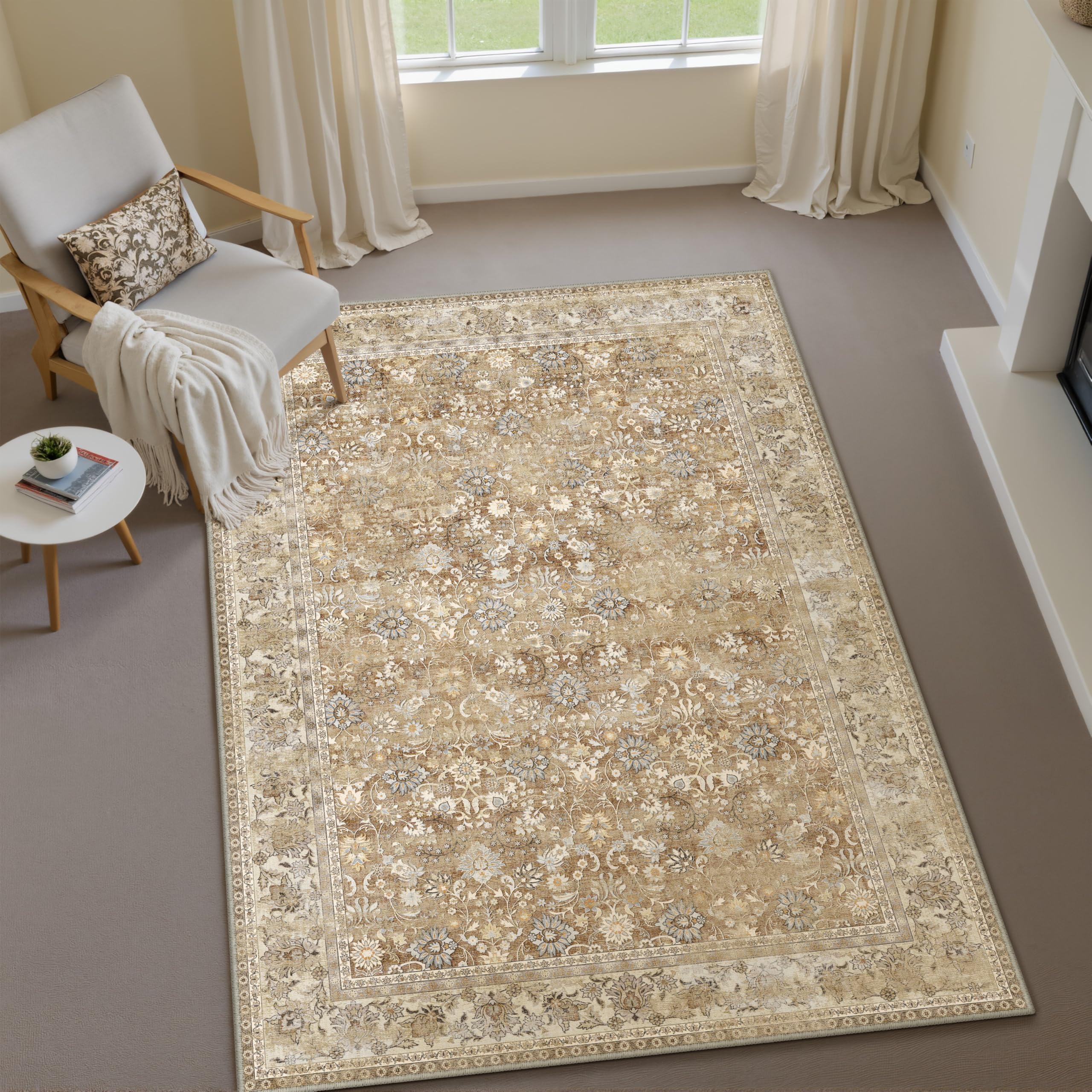 HUGEAR 8x10 Machine Washable Rugs Brown Beige Hallway Large Area Rug Indoor Accent Rug Floral Low Pile Carpet Soft Throw Aesthetic Rug Bedroom Living Room Office Dining Room Kitchen Laundry Room