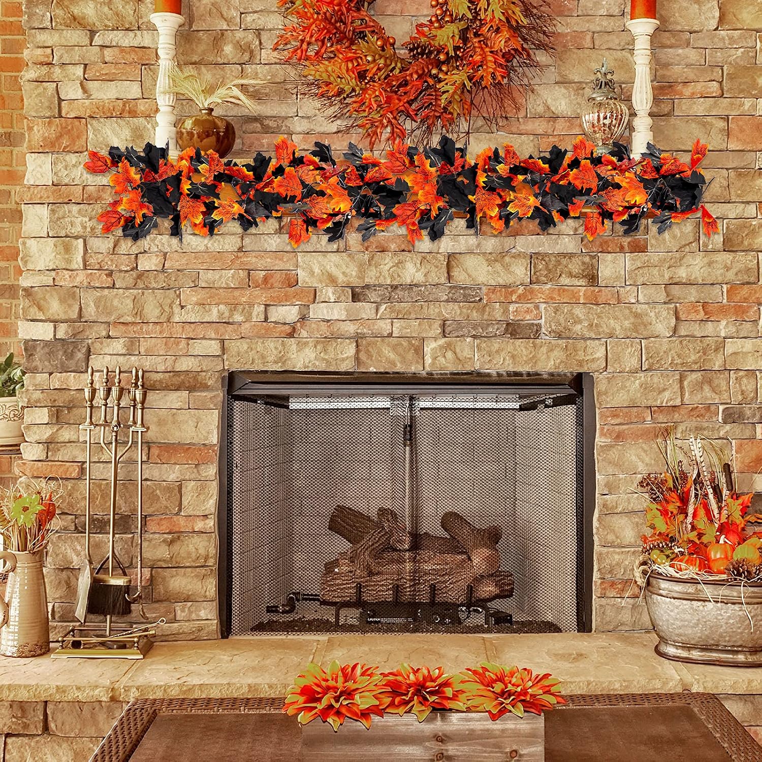 Halloween Fall Maple Garland 5.9 ft Artificial Autumn Garland Fake Maple Leaf Garland Decoration for Halloween Dinner Fireplace Wedding Party Door Frame Decor (Classic Style, 2 Pieces)