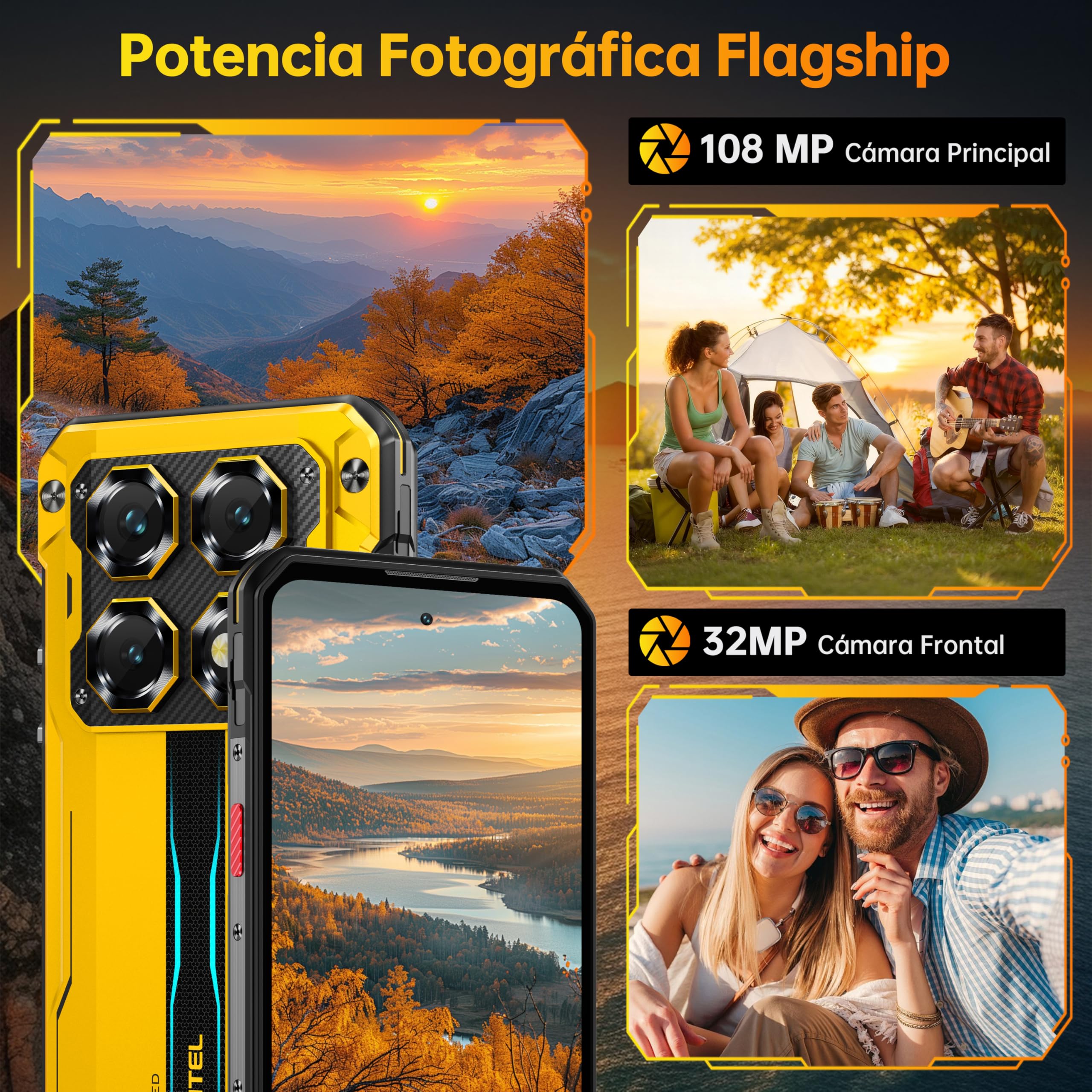 WP60 Movil Irrompible 5G, 24GB+256GB/2TB Android 15 Móvil Rugerizado 2026, 7,2''HD+ 120Hz Pulgadas Teléfono Resistente, Batería 10000mAh, 108MP+32MP+8MP, 5G Dual SIM/NFC/OTG/Face ID, Amarillo