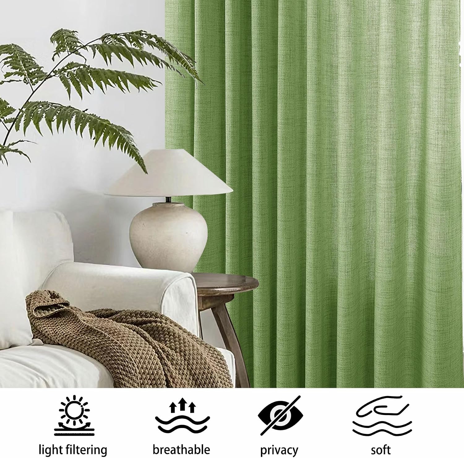 Macochico Natural Linen Curtains 84 Inches Long for Living Room Bedroom Kids-Room Nursery, Light Filtering Window Drapes Privacy for Home Office, with Grommet and Tieback, Green, 52”Wx84”L, 1 Panel