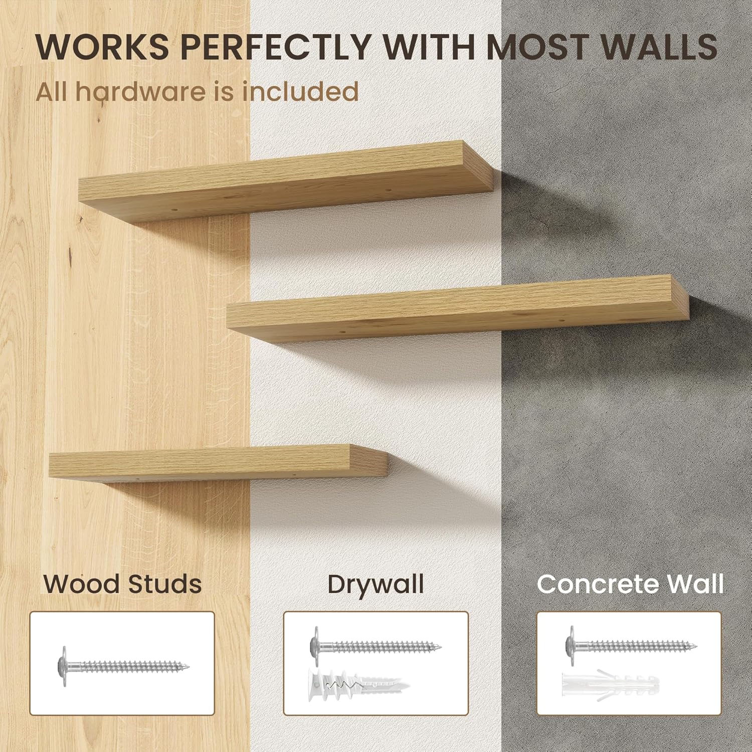 FLYJOE 55 Inch Floating Shelves | 6.5 Inch Deep Oak Floating Shelves Set of 2 | 55" W x 6.5" D Rustic Oak Shelves with Invisible Brackets for Bathroom Living Room Bedroom