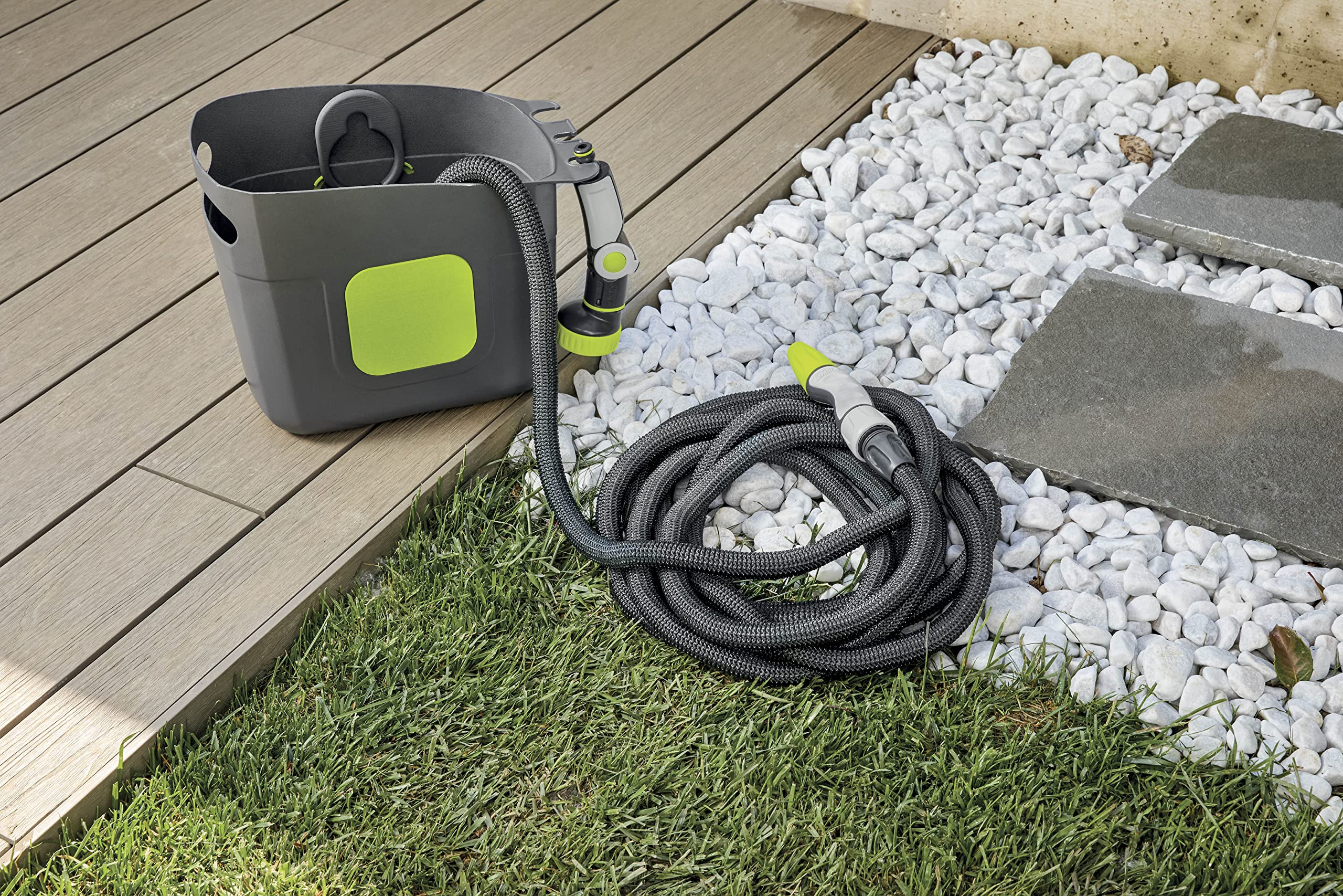 G.F. SRL Aquapop Grey Pro 15 - Tubo autoextensible de tela, fabricado en Italia, con recipiente de plástico, mini lanza y accesorios, para regar jardines y balcones, gris oscuro