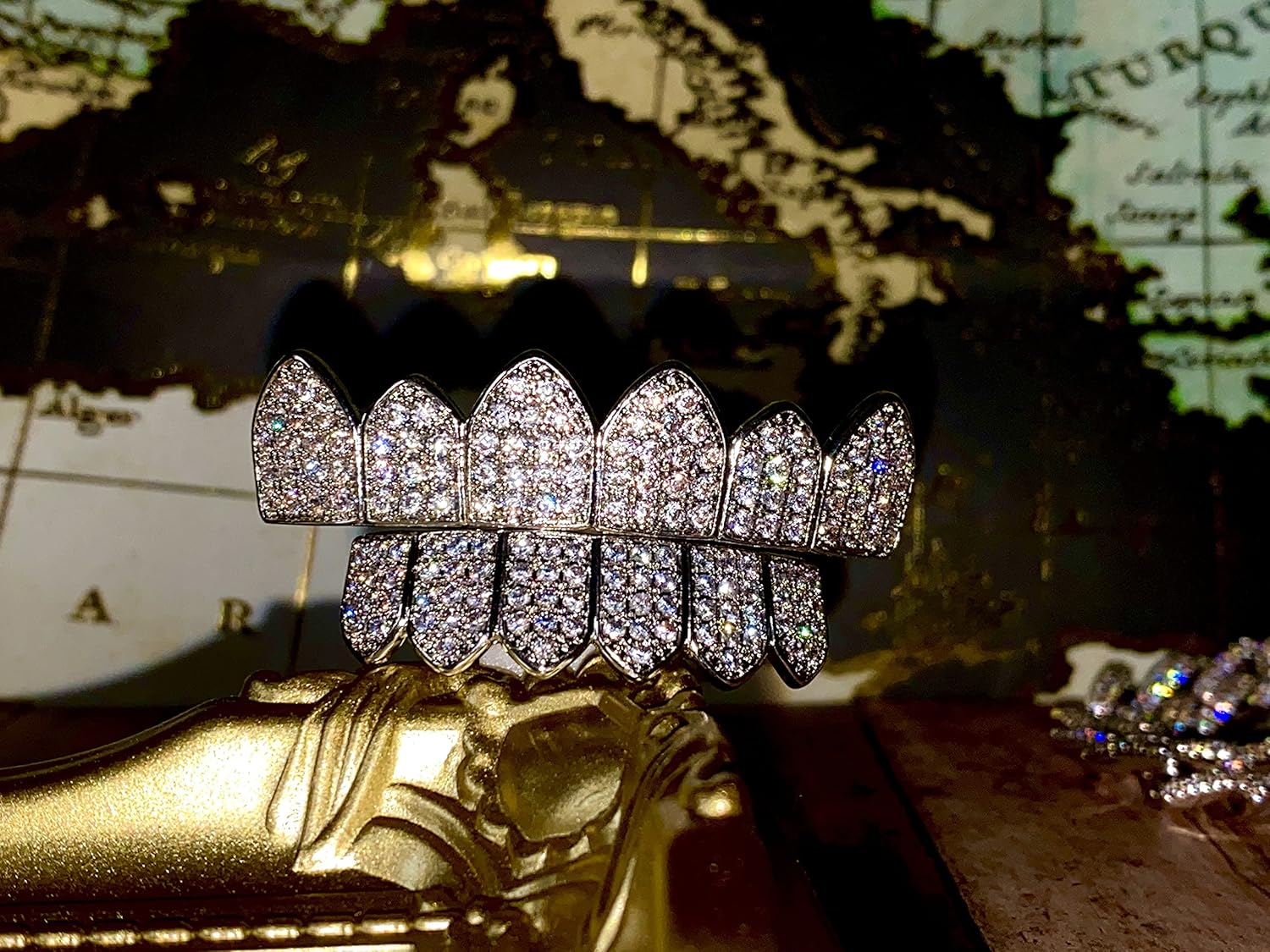 18K White Gold Plated CZ Cluster Custom Slugs Top & Bottom Grillz Mouth Teeth Grills Set - Teeth Cap, Iced Out Grillz