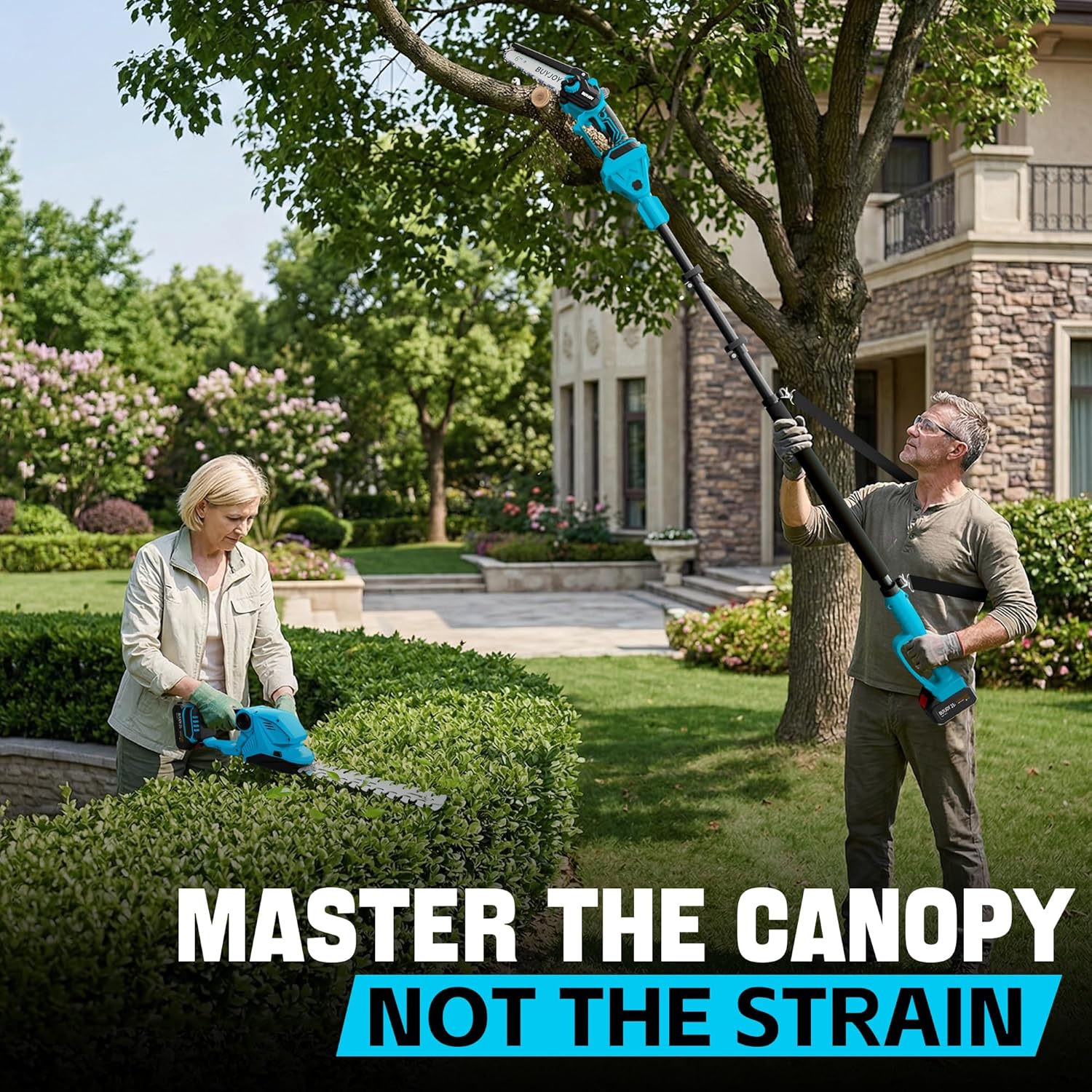 6-in-1 Pole Saw & Cordless Hedge Trimmer Combo Kit,Electric Grass Trimmer,Mini Chainsaw with 2×4.0 Ah Battery,Dual-Action Blade,Brushless Motor,8.5 ft Max Reach,for Tree Trimming/Garden/Lawn (Blue)