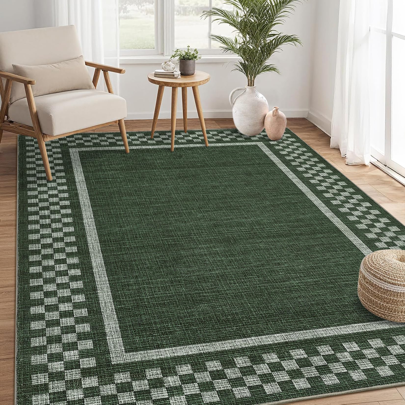Photo 1 of GarveeHome Washable Area Rug 4x6 Small Living Room Rugs Modern Bordered Soft Dining Room Throw Carpet Low Pile Non Slip Checkered Bedroom Rug Geometric Carpet for Nursery Kitchen Home Office, Green