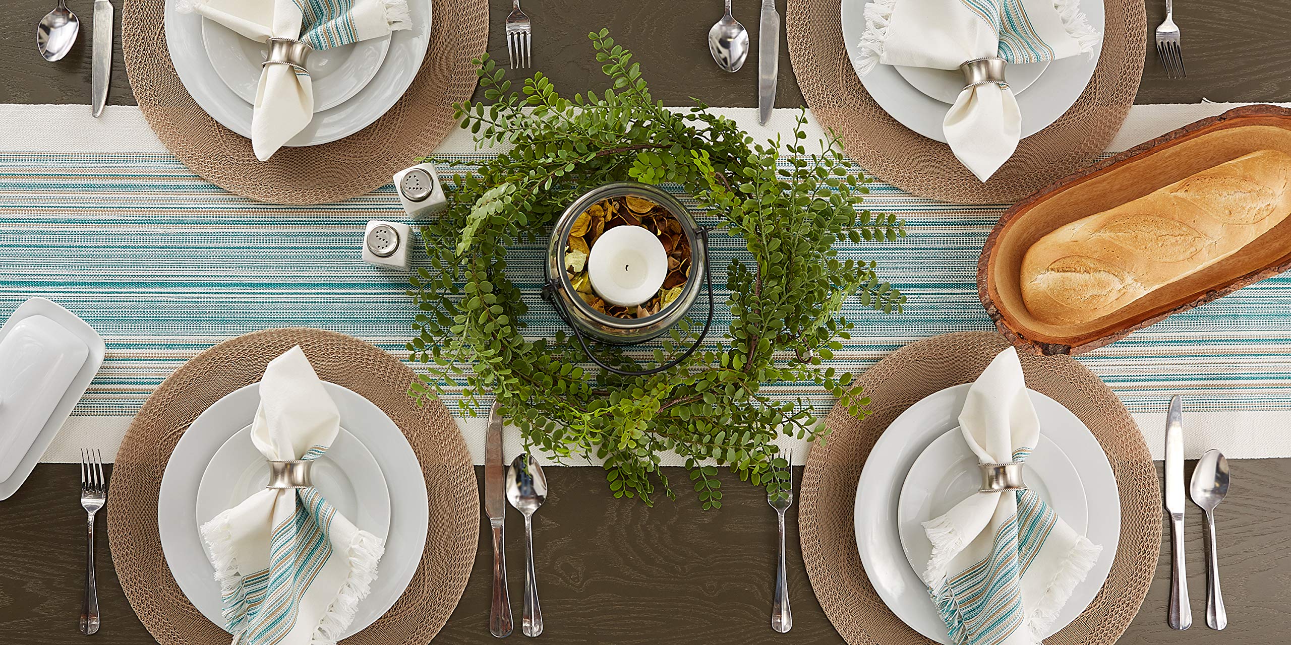 DII Fringed Stripe Tabletop, Table Runner, Cotton, Teal, 14x72, 14x72" - Image 3