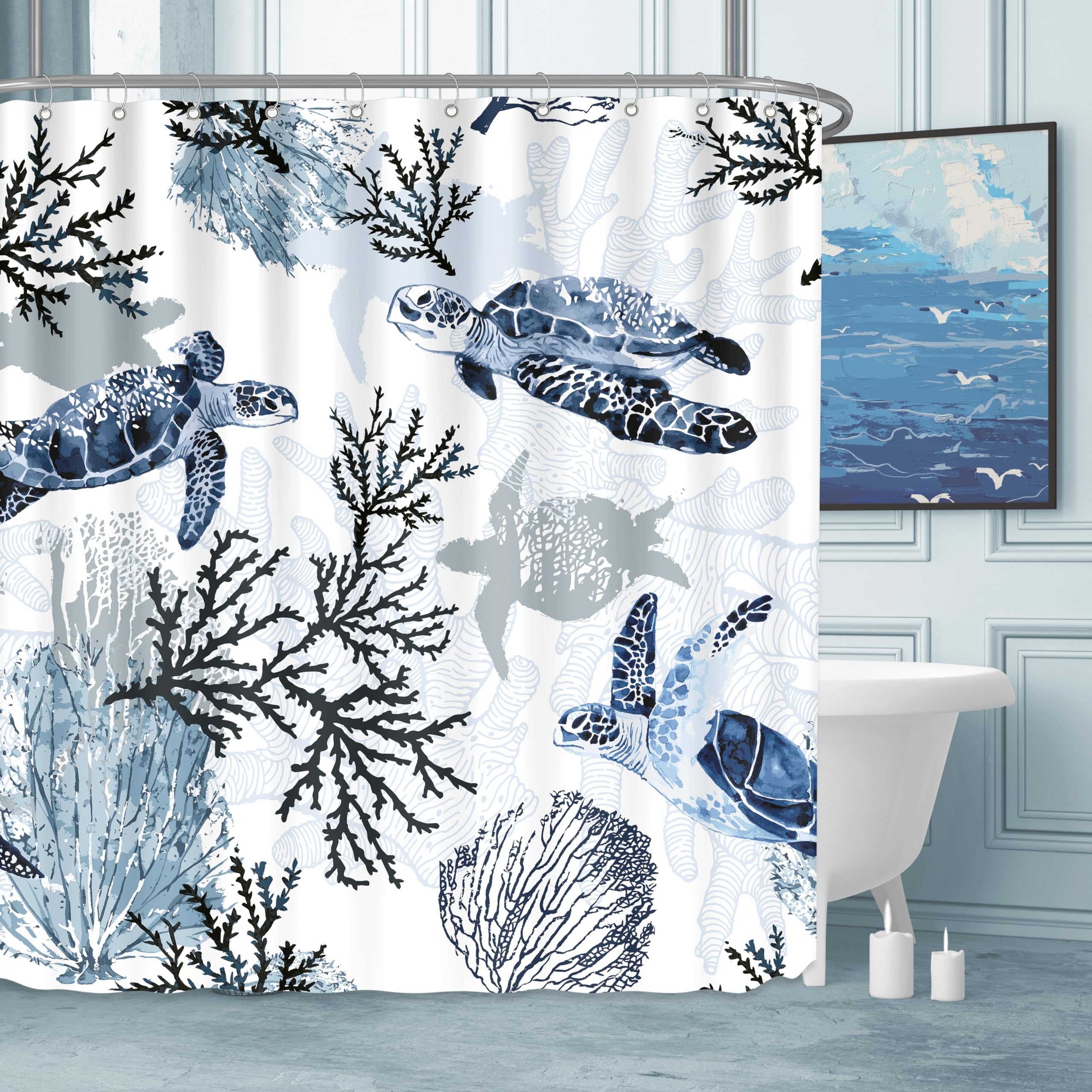 Weesire Navy Blue Coastal Sea Turtle Shower Curtain, 72 x 72 Inch