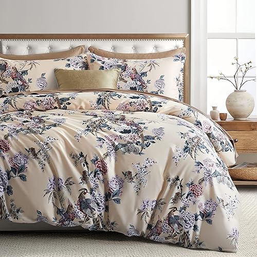 Miniatura 5 de Chinoiserie - Juego de ropa de cama de satén de algodón de fibra larga vintage con diseño floral de pavo real, jardín botánico, urogallo y faisán,