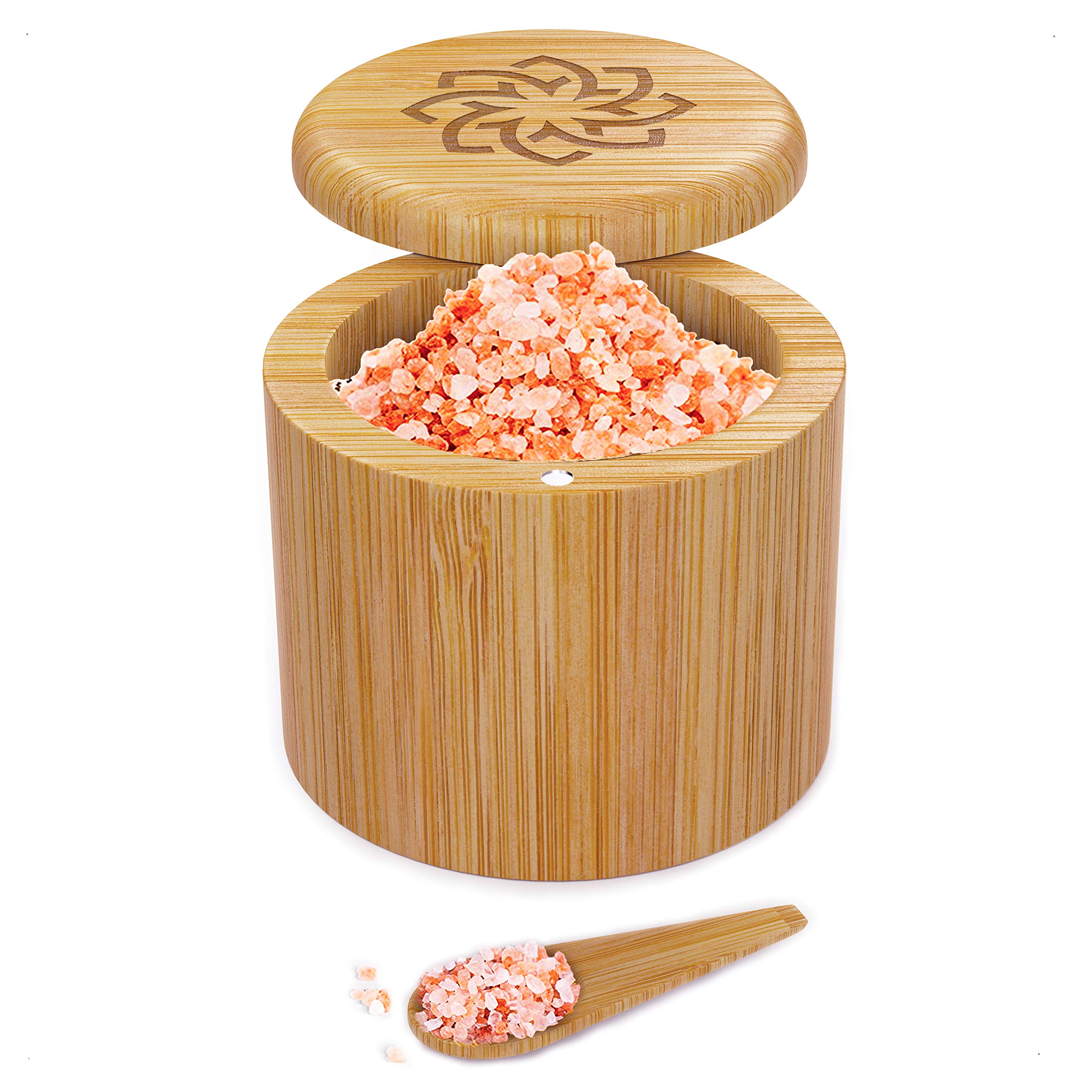 ScavynBamboo Salt Container, Salt Cellar With Lid and Spoon, Kitchen Salt Box With Engraved Pattern, 3.5 x 3 Inches Bamboo Salt Container, Ideal Gifts for Mom & Housewarming Gifts, 6 Oz