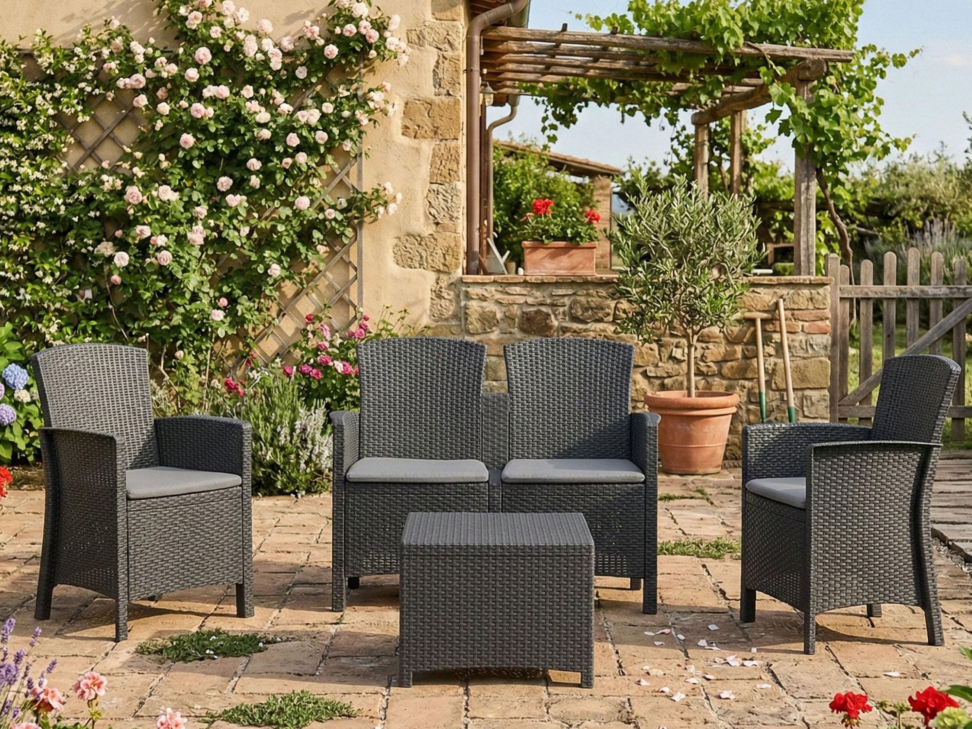 Dmora - Set Salotto da Esterno Urano, Set da Giardino con Cuscini, Salottino Indoor e Outdoor Effetto Rattan, 100% Made in Italy, Antracite
