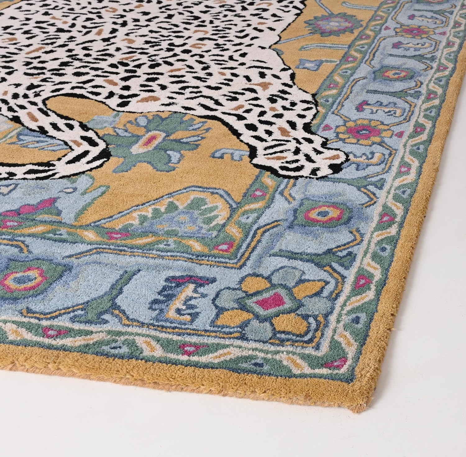 Handmade Leopard Wool Area Rug with Traditional Oushak Motif – Animal Print Cheetah Rugs for Living Room, Bedroom | Plush Texture, Vintage Style, Thick & Durable Carpet (Blue, 2' x 3')