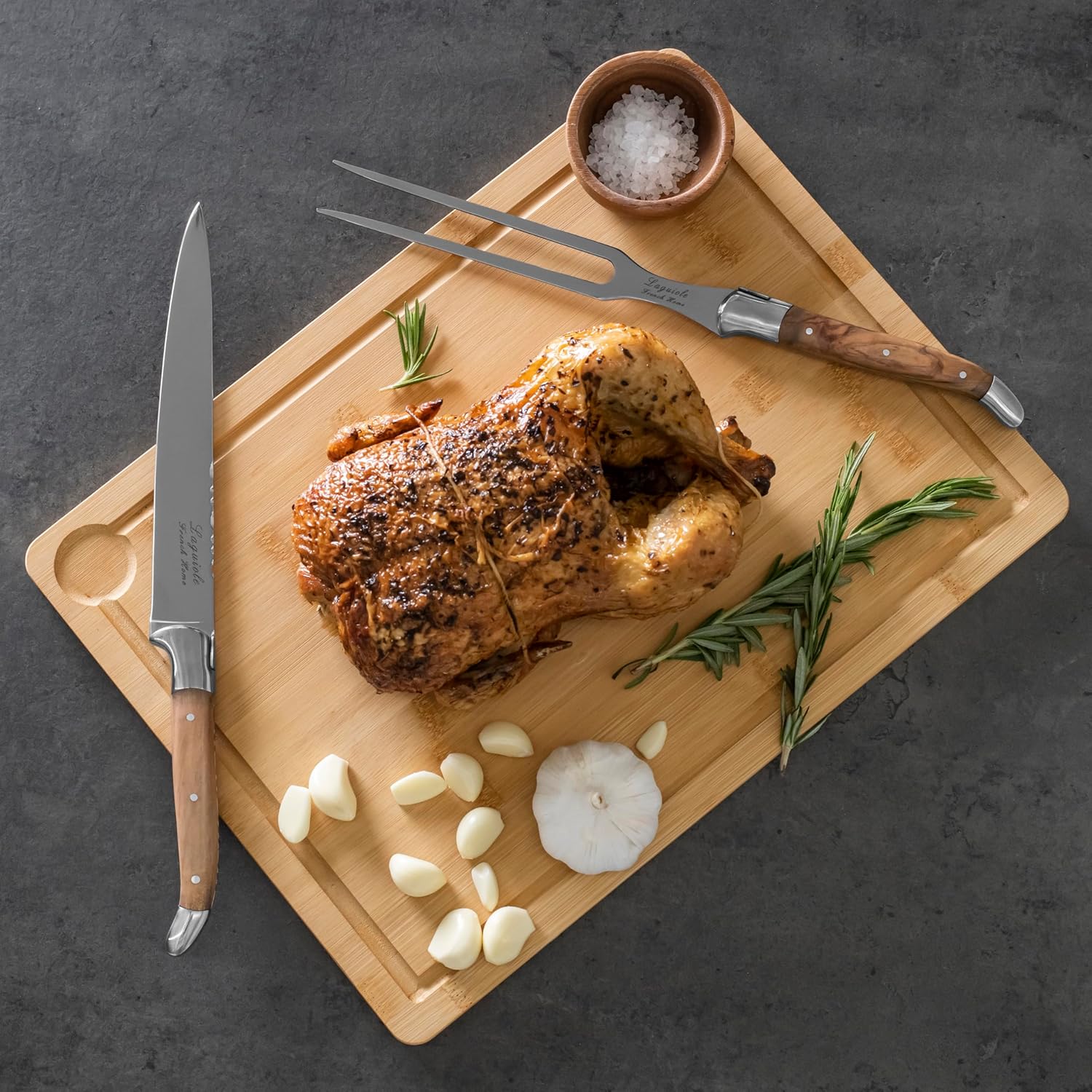 French Home Laguiole Carving Knife, Fork, and Wood Cutting Board - Stainless Steel Knife & Carving Fork Cutlery Set with Olive Wood Handles, Etched Detailing & Iconic Bee Emblem