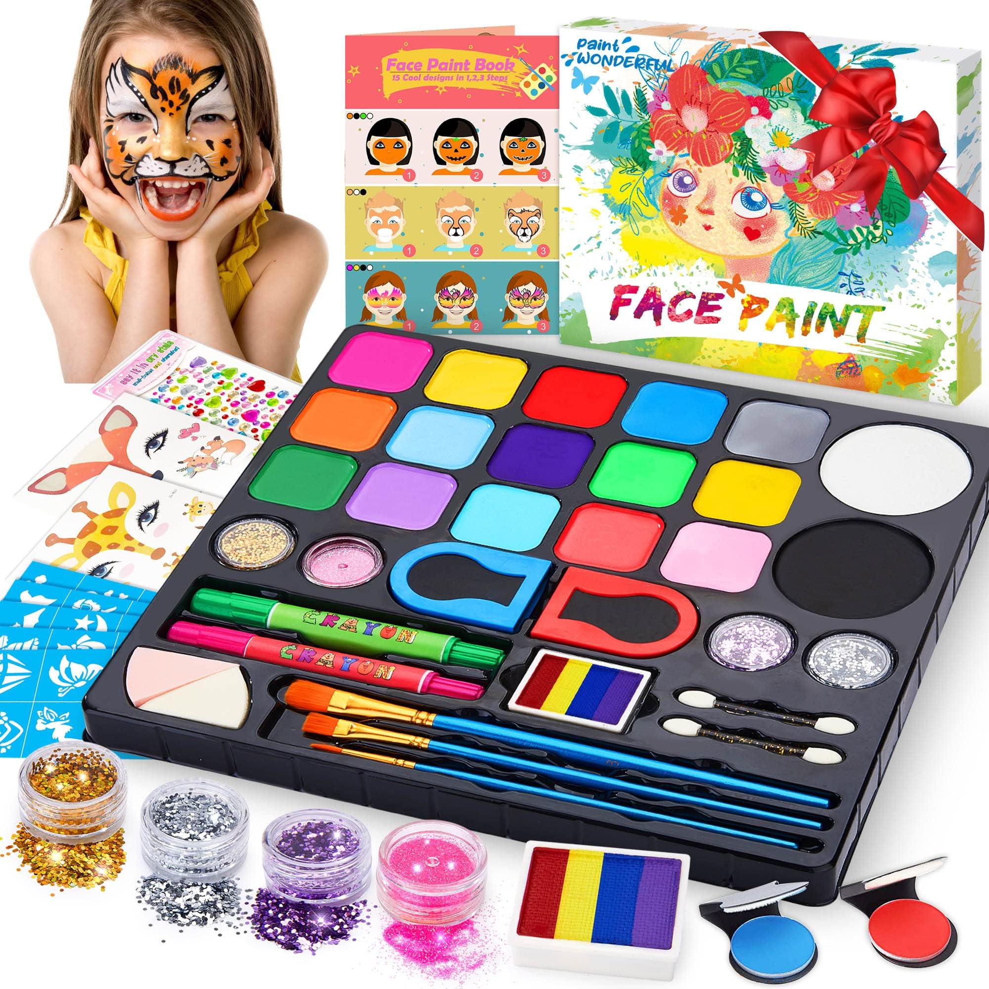 Face Paint Kit for Kids, 17 Colors Professional Face Painting Kit, Large Water Based Paints, Halloween Makeup Kit with Gem Sheet, Glitters, Stencils, Hair Chalks, Body Facepaints for Cosplay