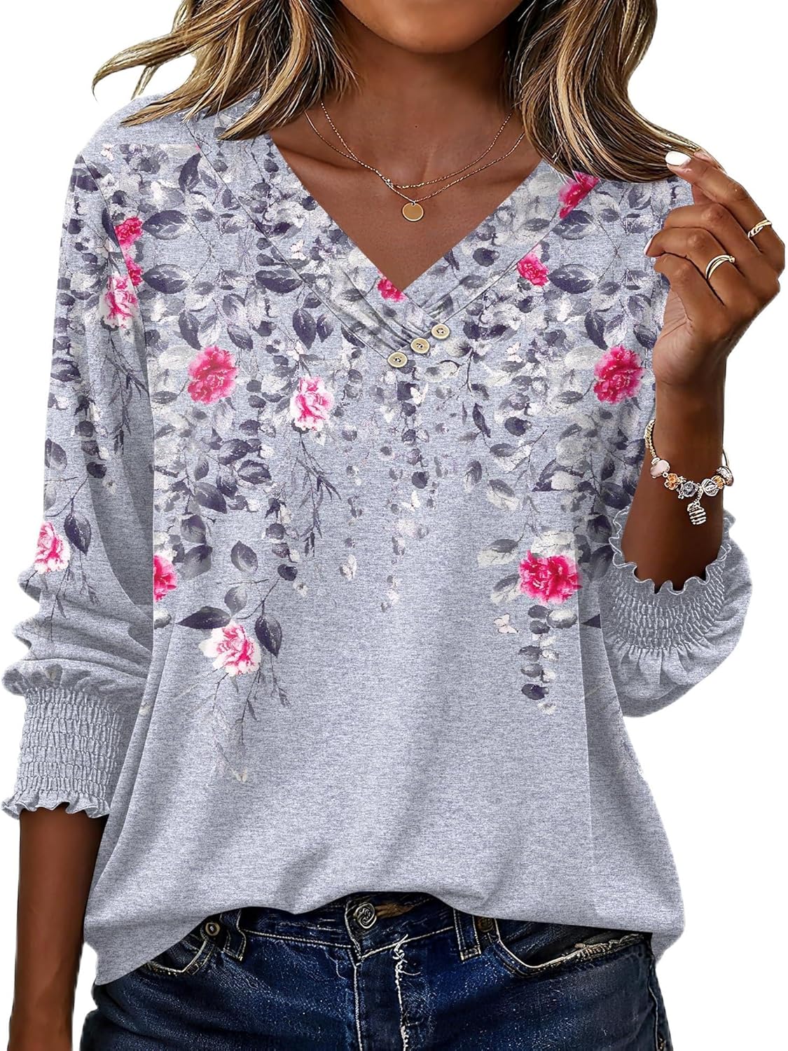 LOMON Blouses for Women Dressy Casual 3/4 Length Sleeve Womens Tops with Buttons Decor