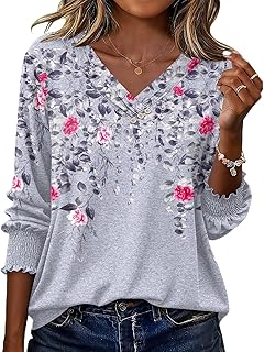 Womens Blouses 3/4 Sleeve Tops V Neck Spring Summer Casual Tunic Dressy Shirts with Buttons Decor