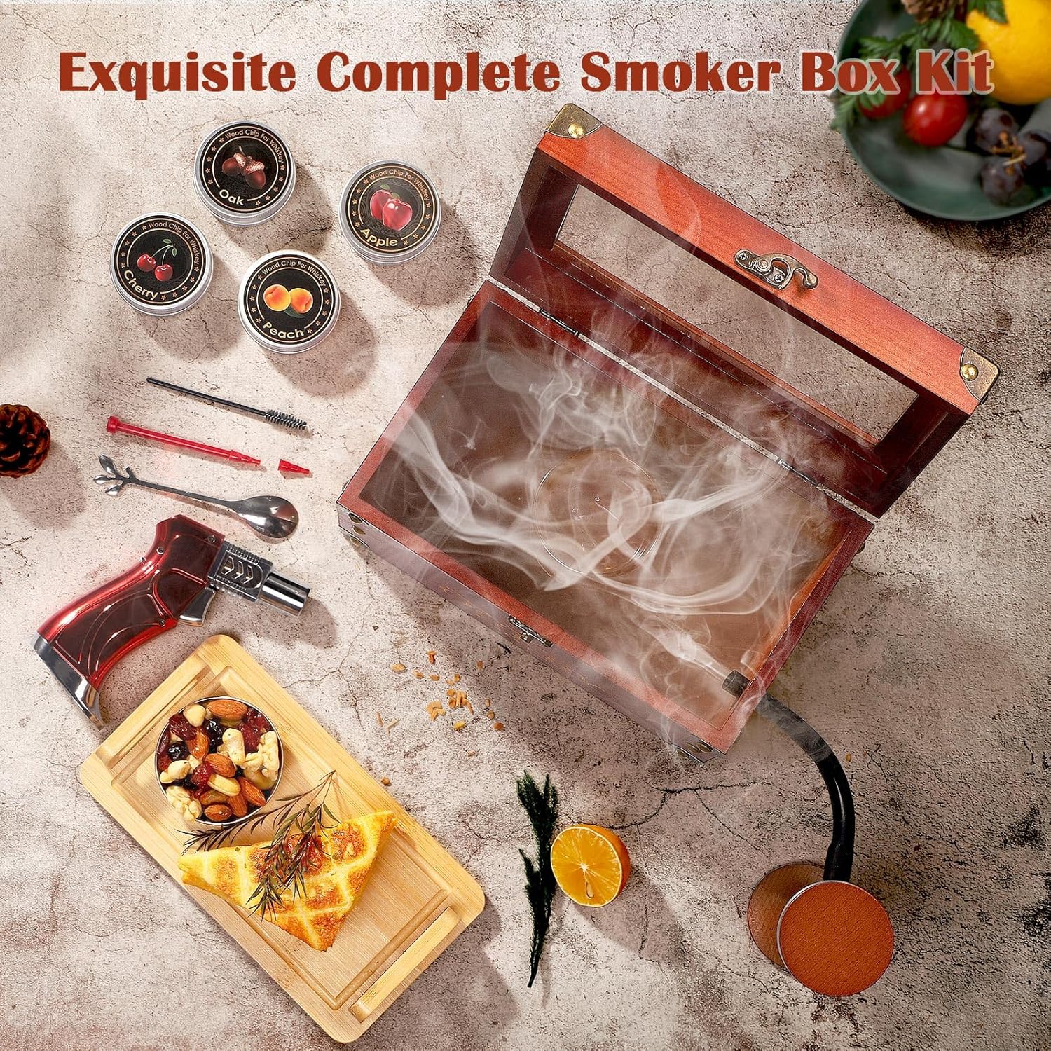 OGERY Cocktail Smoker Kit, Whiskey Smoker Kit with Smoking Gun, Old Fashioned Bourbon Smoker Box and 4 Flavors Wood Chips, Unique Anniversary Birthday Gifts for Men, Dad, Husband (No Butane)