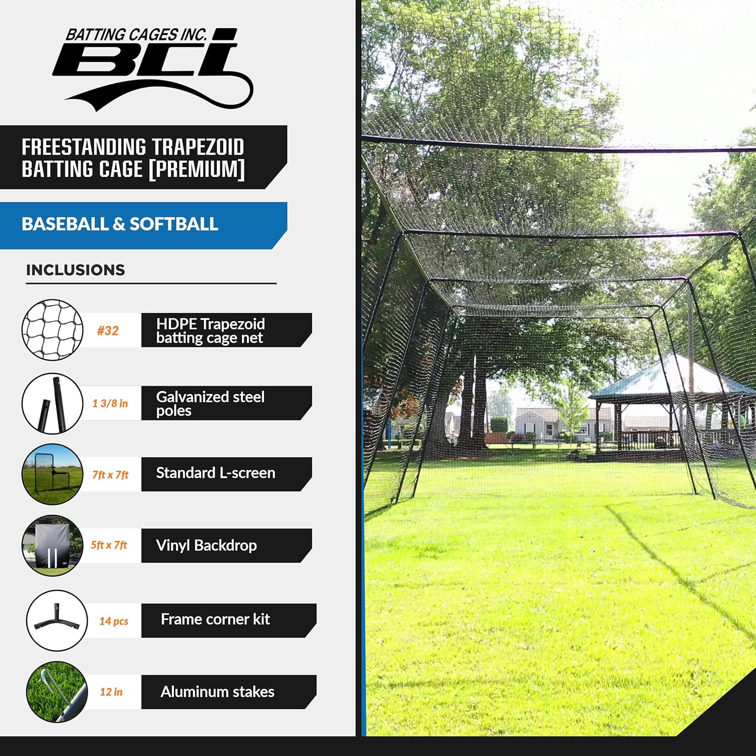 BATTING CAGES INC. BCI Freestanding Trapezoid Batting Cage with Net, Frame, Backdrop and L-Screen, Baseball and Softball Training Equipment