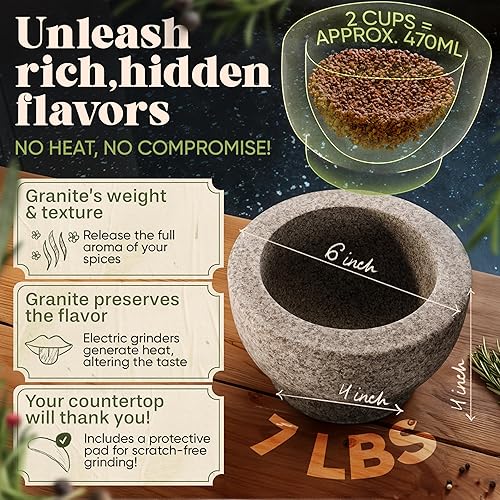 Miniatura 2 de ChefSofi Juego de mortero y mortero 6 pulgadas capacidad de 2 tazas granito pesado sin pulir para un rendimiento mejorado y aspecto orgánico