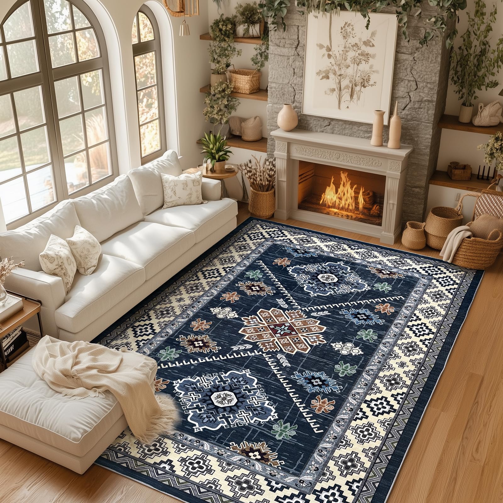 Boho Washable Area Rug 5x7, Large Soft Rugs for Living Room Farmhouse Vintage Blue Carpet 5x7 Area Rugs for Bedroom Dining Room Non-Slip Stain Resistant Under Table Rug