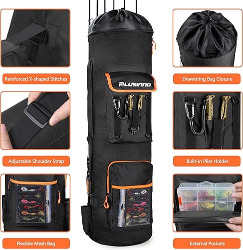 Miniatura 3 de PLUSINNO Mochila de pesca con soportes para cañas, bolsa de aparejos de pesca de almacenamiento grande con capacidad para 6 cañas y carretes, funda