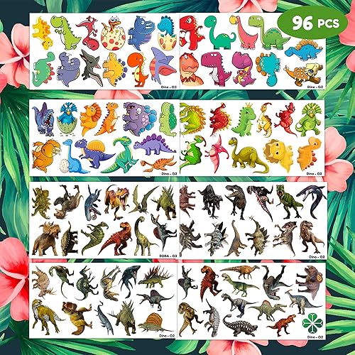 Miniatura 2 de Tatuajes temporales de dinosaurios, suministros de fiesta temática de cumpleaños, 8 hojas, 96 unidades, calcomanías de decoración, tatuajes para