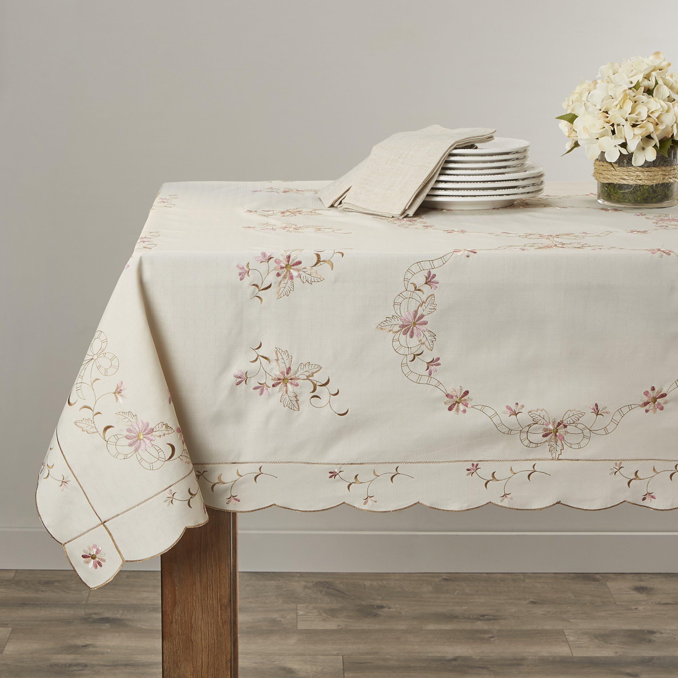 Violet LinenRenaissance Embroidered Design Tablecloth Beige 70" X 105"