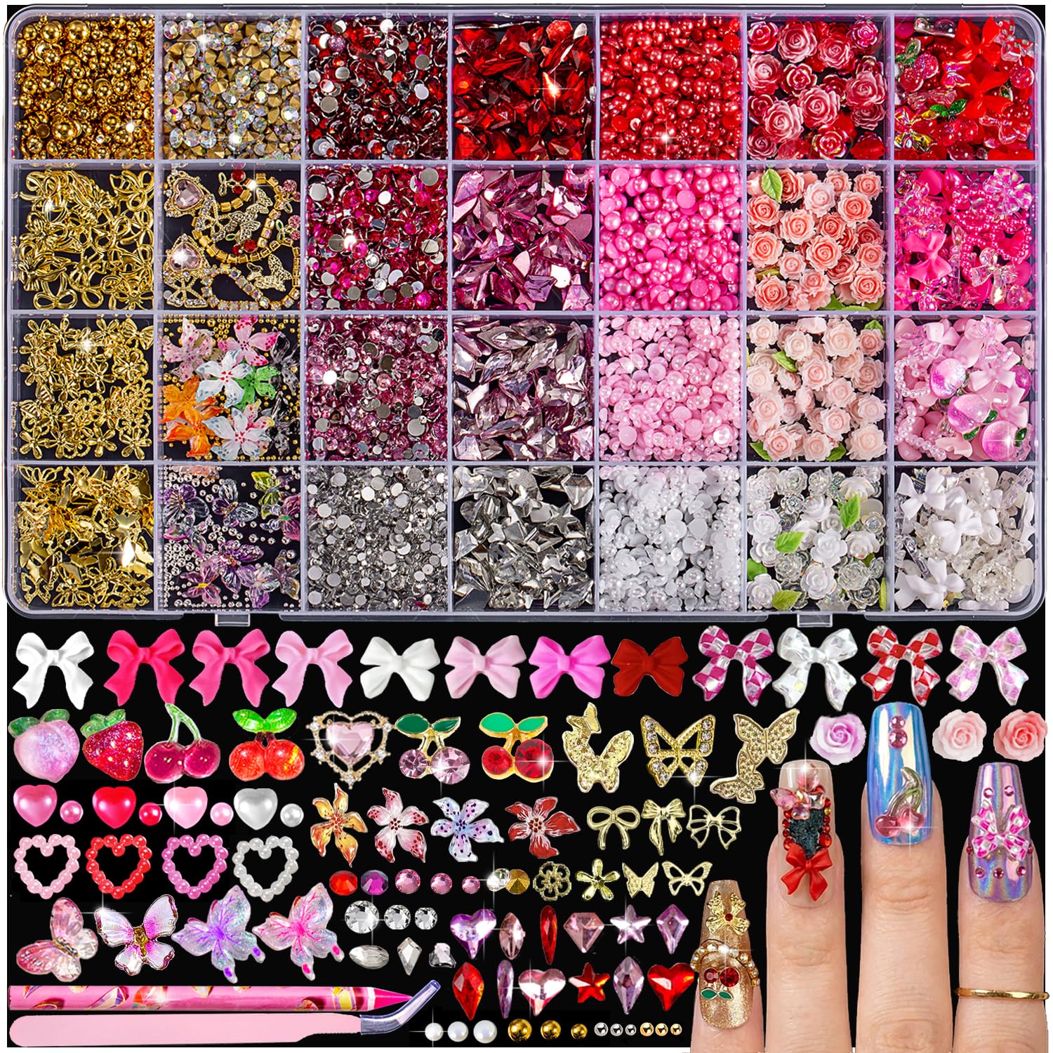 Photo 1 of 28 Grids Nail Charms Kit with Rhinestones for Nails, 3D Kawaii Bows, Cherry, Flowers, Butterfly. Red Pink Gold Nail Gems, Pearls & Metal Studs. DIY Manicure Art Supplies with Wax Pen & Tweezers