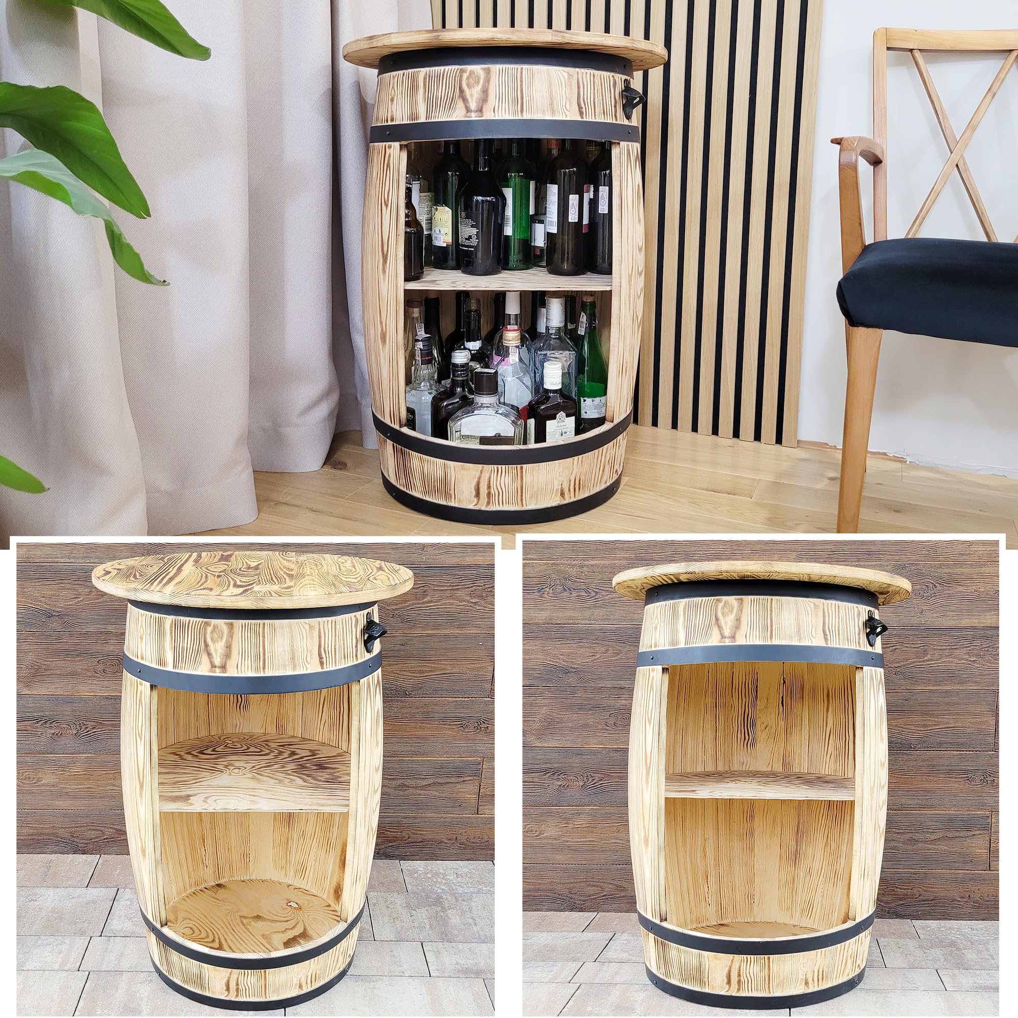 weeco Bar Tonneau en Bois - Meuble Bar avec Plateau et Ouvre-Bouteille - Étagère pour 30-40 Bouteilles - Style Rustique et Vintage - 80x50 cm