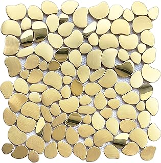 Golden Metal Pebble Mosaic Tiles, 5 Sheets Stainless Steel Backsplash Mesh Mounted, 12×12 Inches Waterproof Metal Tile, Gold Wall Tiles for Kitchen Bathroom Backsplash Shower Stove Backsplash