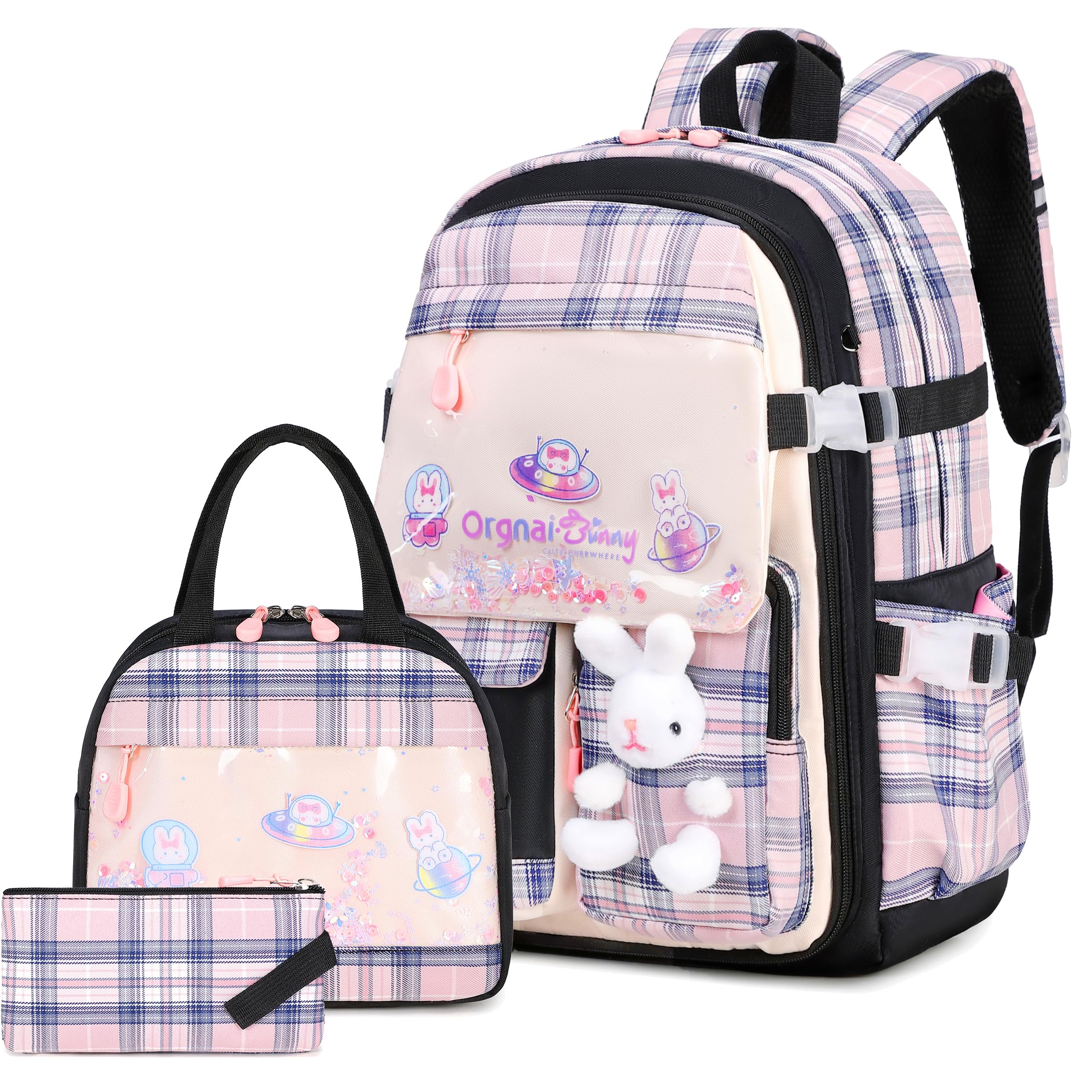FIXITOK Girls Backpack Set, 3PCS Kids Backpacks for Girl, Kawaii Bunny School Backpack for Girls Kindergarten Elementary Preschool Middle School Bags