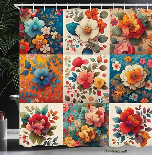 Miniatura 10 de Ambesonne - Cortina de ducha hippie, flores de aspecto de margaritas en ondas groovies abstractas estilo retro de los años 60 y 70, juego de Azul