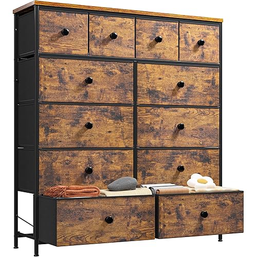 Dresser for Bedroom Drawer Organizer Storage Drawers, Fabric Dressers & Chests of Drawers, Sturdy Metal Frame, Wood Top, Entryway, Bedroom Furniture (Rustic Brown)