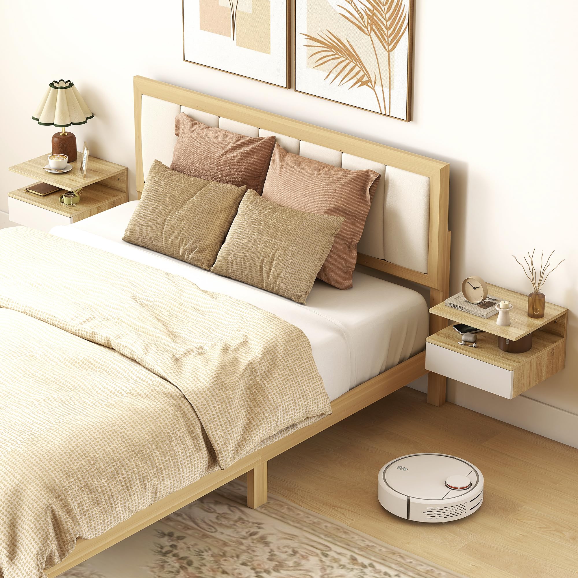 HOMCOM Juego de 2 Mesitas de Noche Flotantes con Cajón, Montado en la Pared, 35x32x22,5 cm, Roble y Blanco