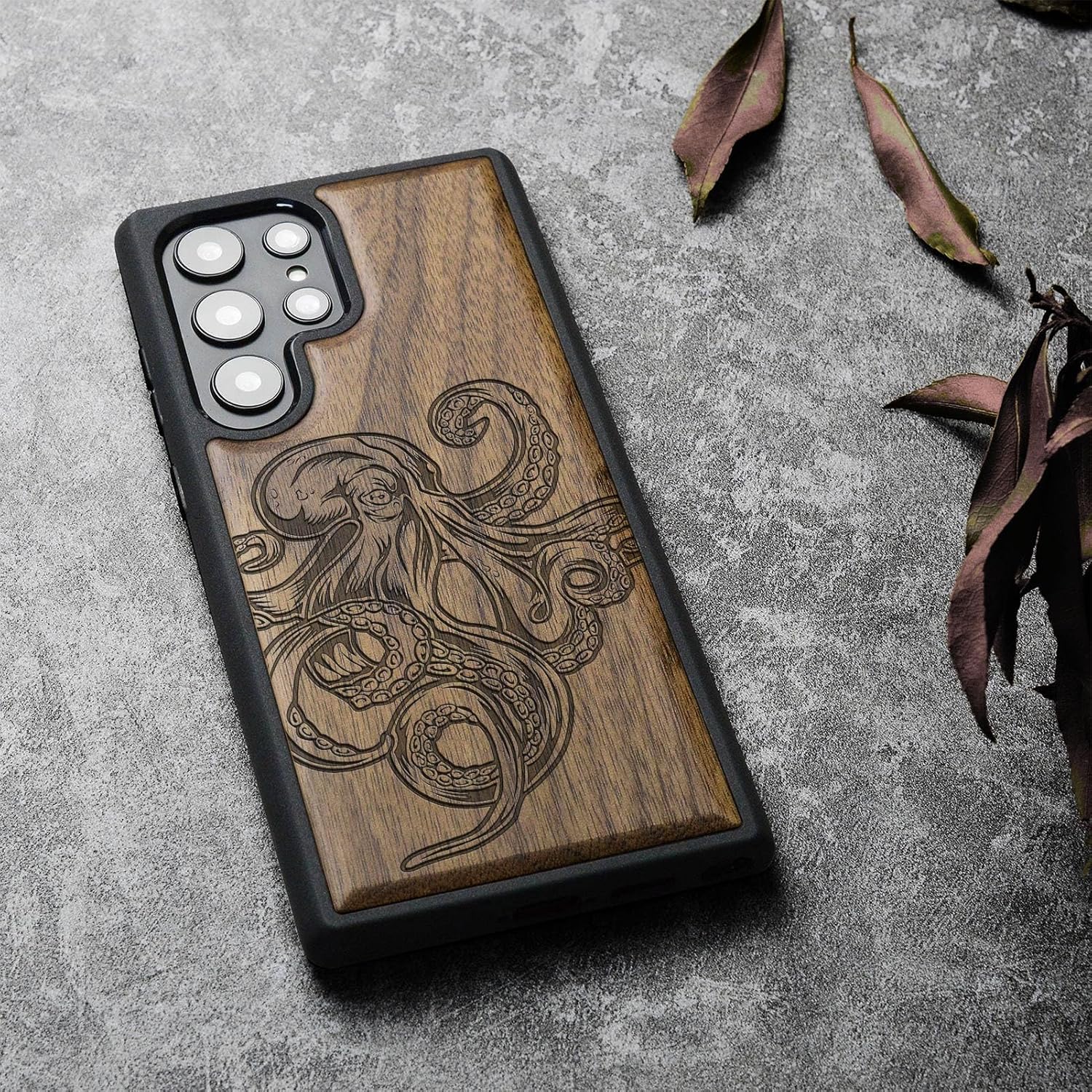 Carveit Wood Case for Galaxy S22 Ultra Case [Natural Wood & Black Soft TPU] Shockproof Protective Cover Unique & Classy Wooden Design Compatible with Samsung S22 Ultra (Octopus Drawing-Walnut)