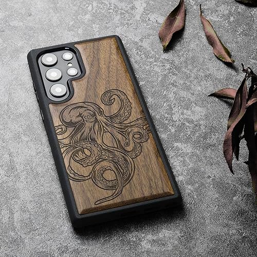 Miniatura 3 de Carveit Funda de madera para Galaxy S22 Ultra 2022 madera natural y TPU suave negro a prueba de golpes, funda de madera única y elegante compatible