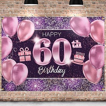 Happy 60th Birthday Banner Backdrop - 60 Birthday Party Decorations Supplies for Women - Pink Purple Gold 4 x 6ft