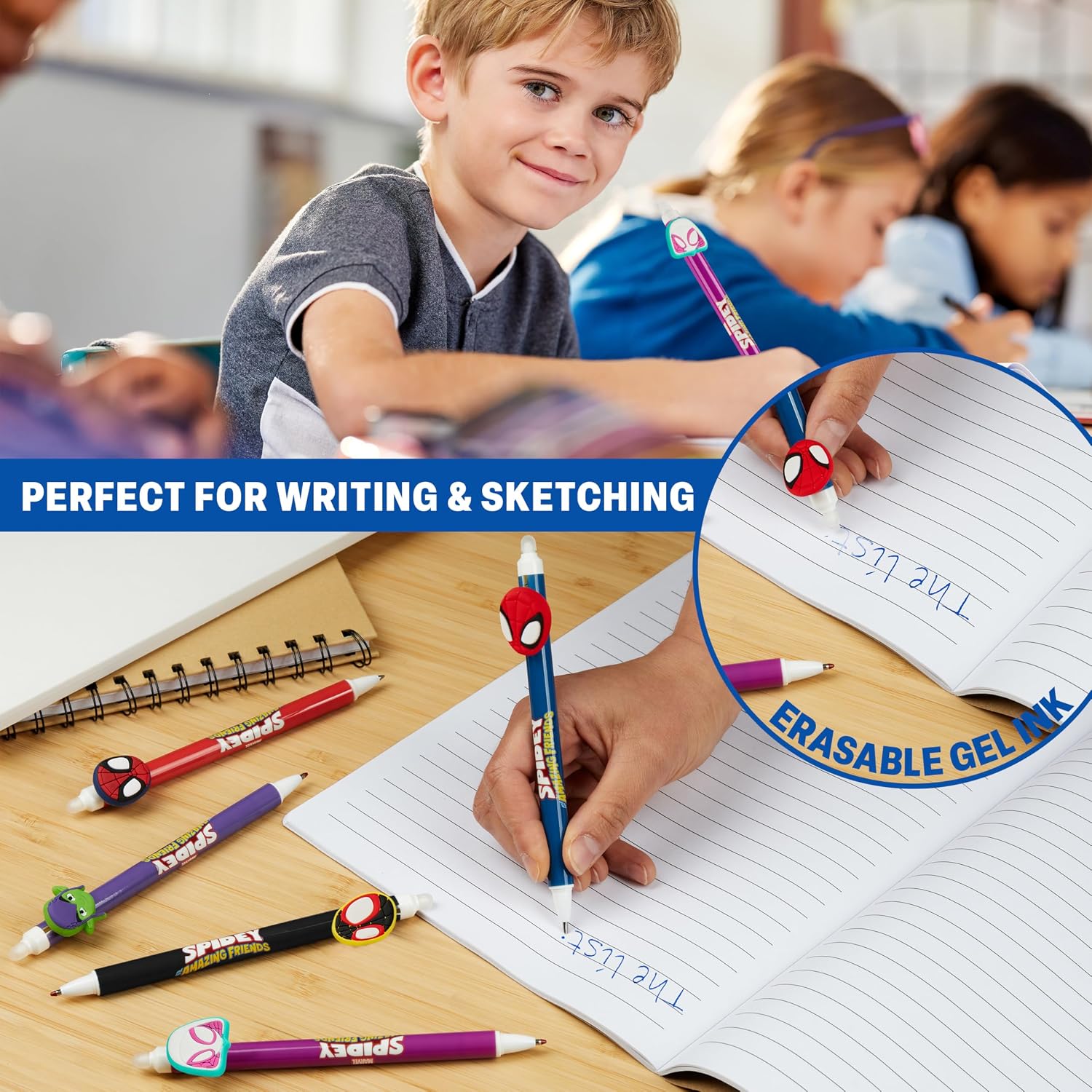 Get Trend Marvel Spidey 5pcs Erasable Gel Ink Pens Cute Writing Pens for Kids Fun Stationery Set Kawaii Journaling Supplies Gift Set Cool Pen Gifts for Kids (Spidey) image 3