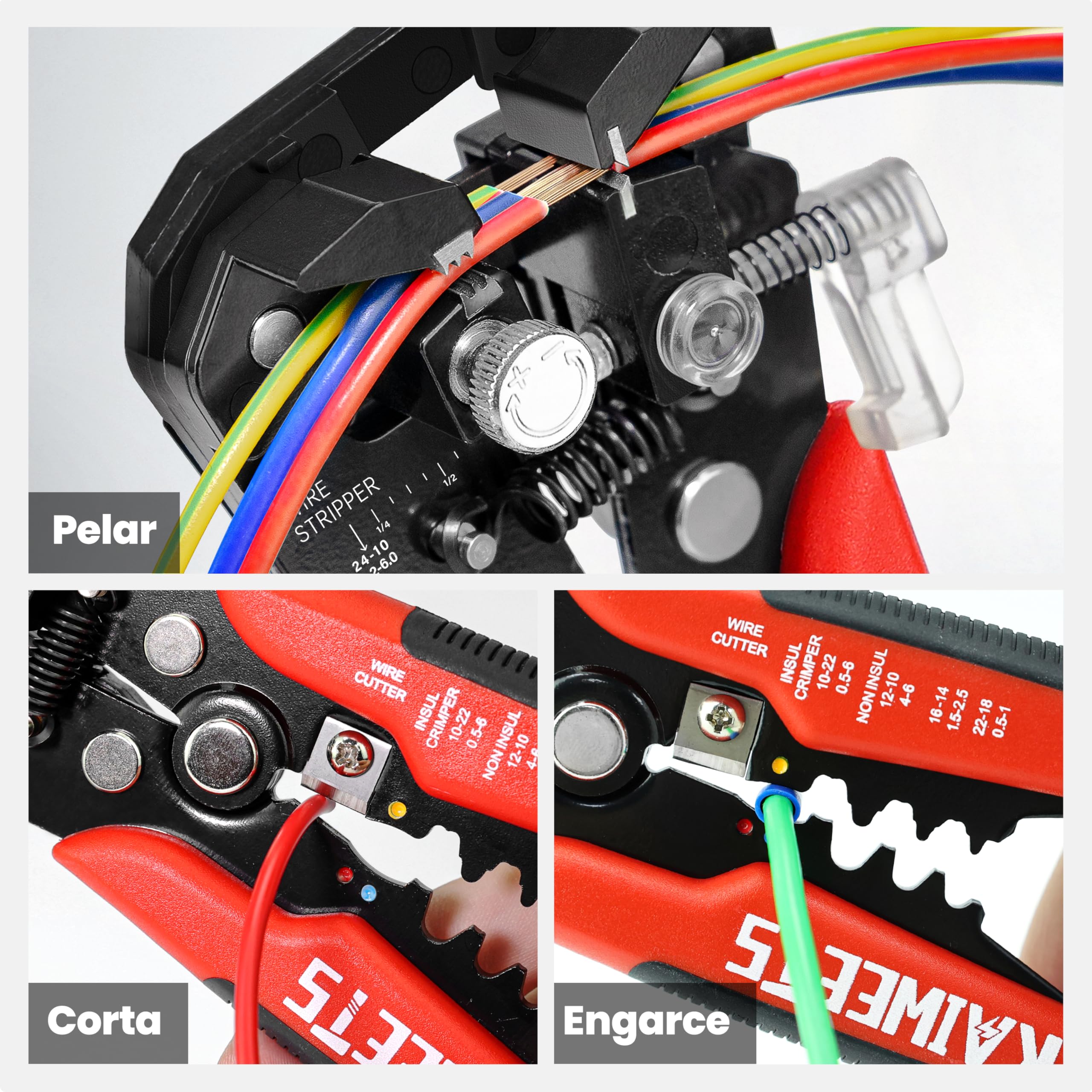 KAIWEETS Alicates Pelacables Automatico, 3 en 1 Pelacables Electricista Profesional Combinados con Cortar, Pelar y Prensar los Terminales, Herramientas Electricista para Pelar Cables