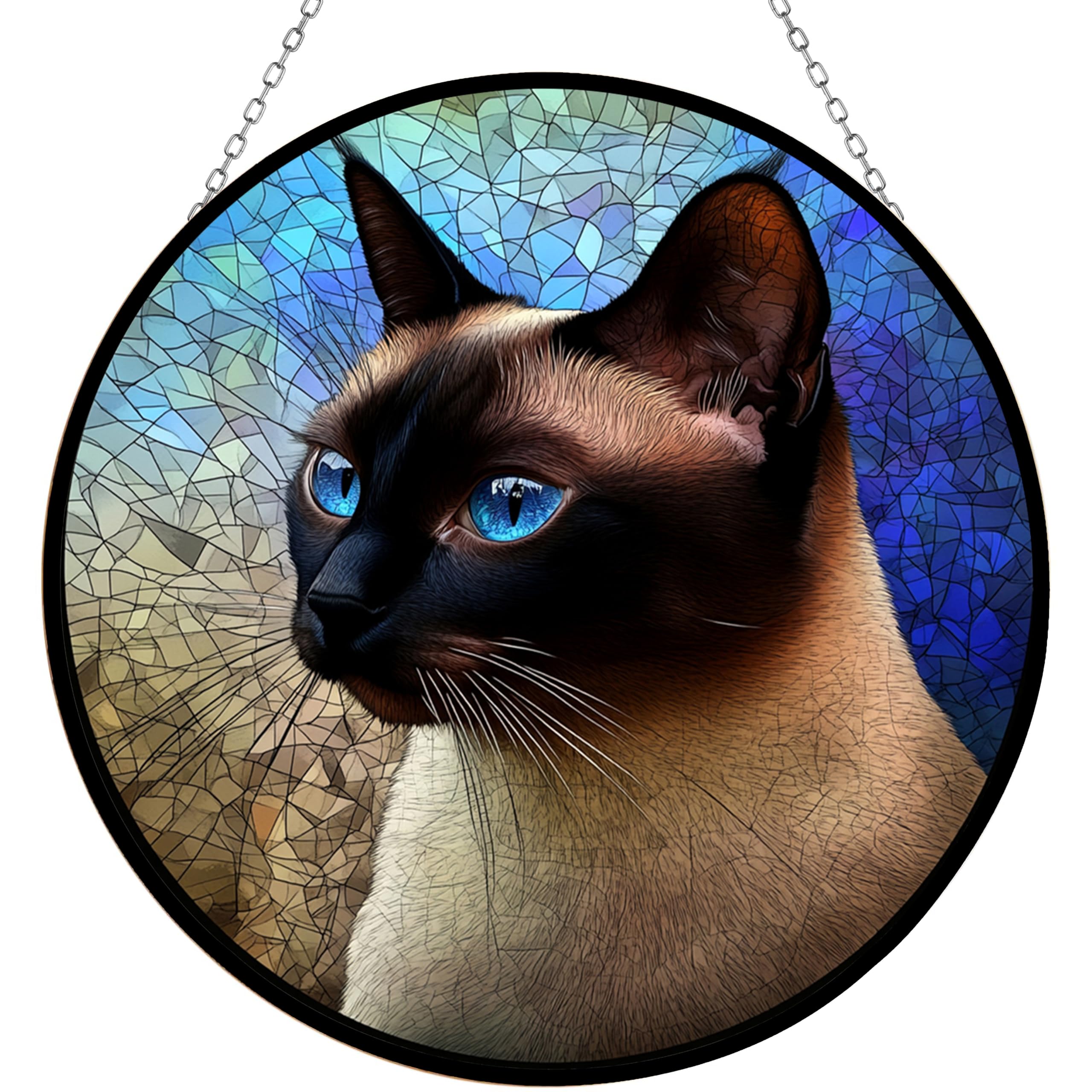 Chat siamois en vitrail déco fenêtre | Attrape-lumière artisanal pour salon et véranda