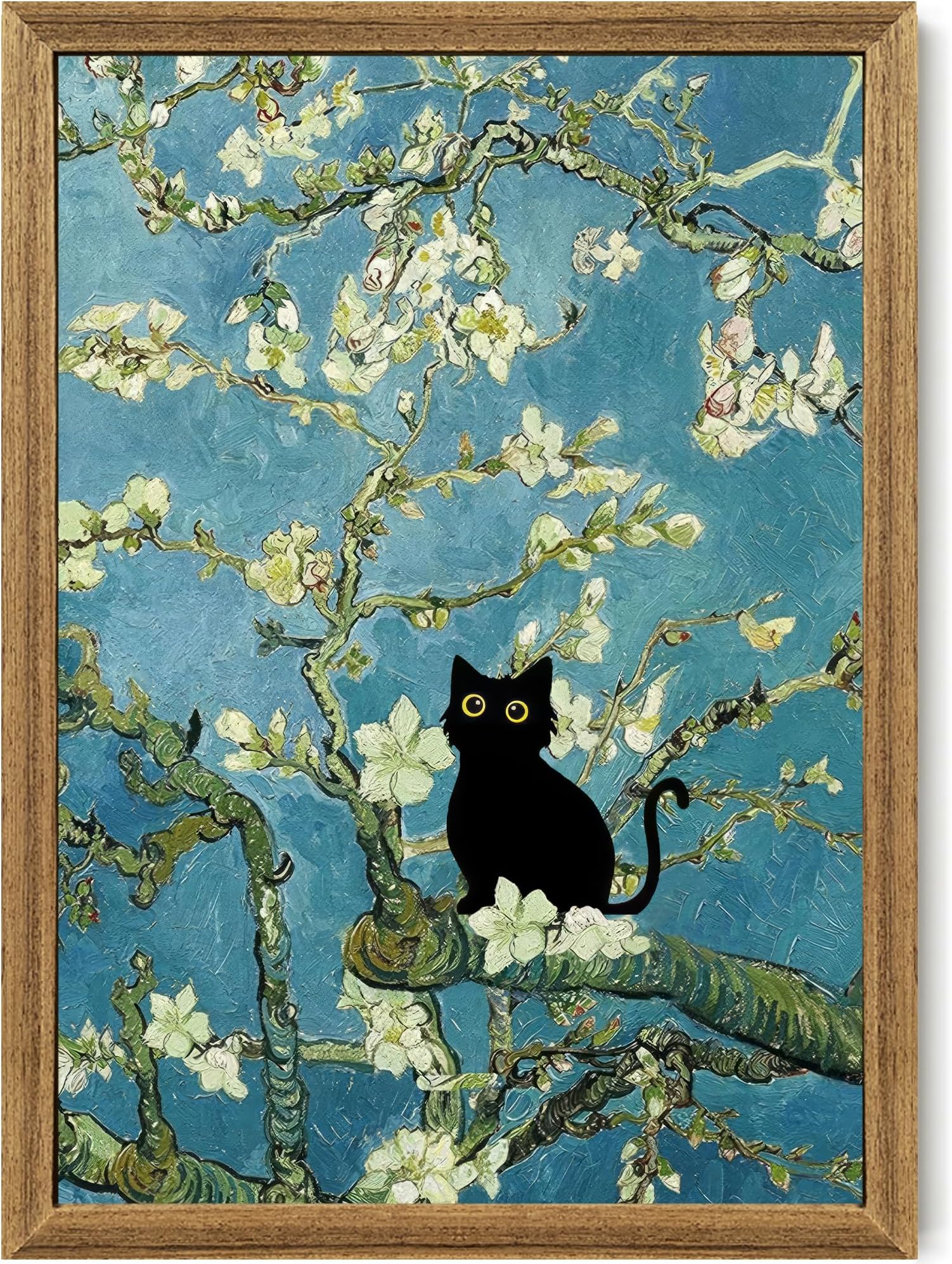 Fantasy Artists Van Gogh's Almond Blossom Funny Black Cat Canvas Wall Art, Oil Painting Posters Home Decor, Vintage Abstract Aesthetic Wall Decorations for Living Room Bedroom, 16'' x 24''