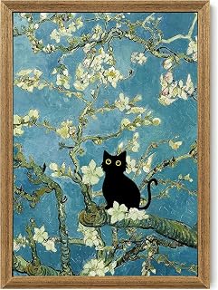 Fantasy Artists Van Gogh's Almond Blossom Funny Black Cat Canvas Wall Art, Oil Painting Posters Home Decor, Vintage Abstract Aesthetic Wall Decorations for Living Room Bedroom, 16'' x 24''