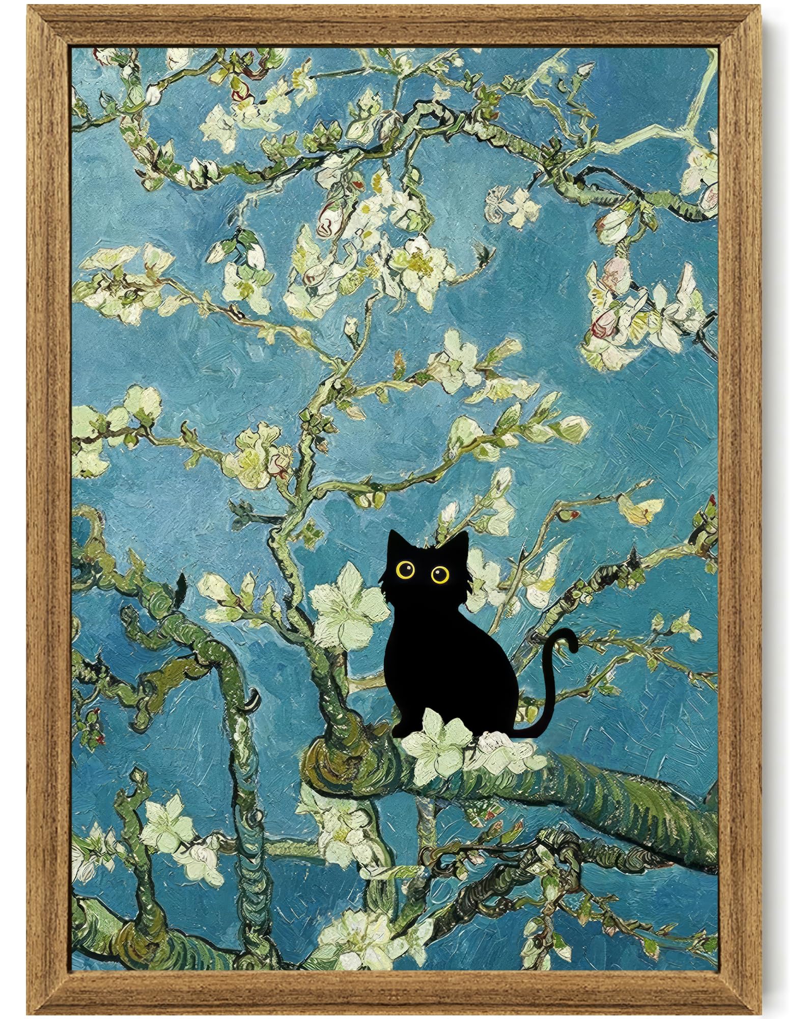 Fantasy Artists Van Gogh's Almond Blossom Funny Black Cat Canvas Wall Art, Oil Painting Posters Home Decor, Vintage Abstract Aesthetic Wall Decorations for Living Room Bedroom, 16'' x 24''