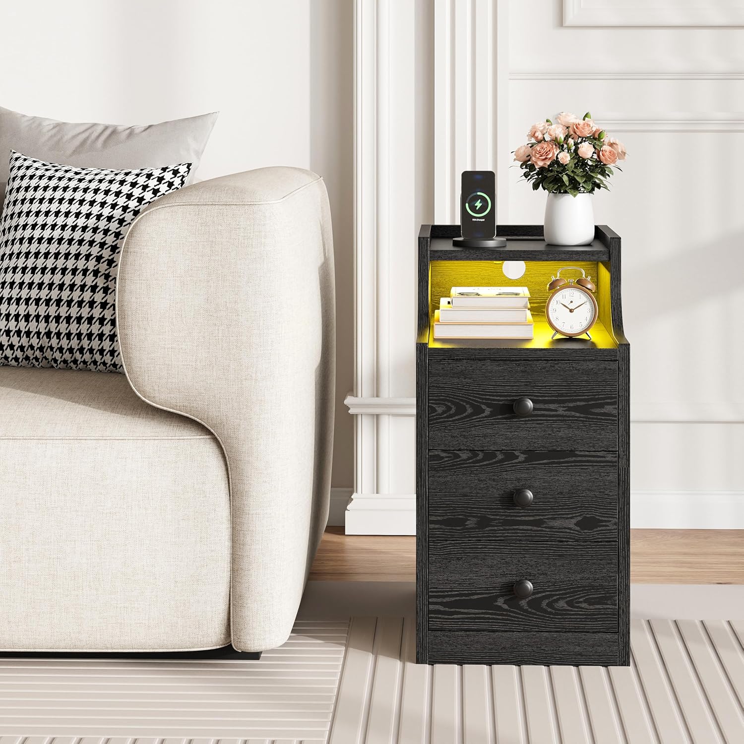 Narrow Nightstand with Charging Station and LED Lights, Modern Night Stand, End Table with 3 Drawers, Open Shelf, Side Table for Living Room/Bedroom, Black