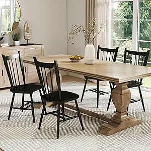 Black Wooden Dining Chairs Set of 4, Windsor Dining Chairs with Spindle High Back & Solid Wood Legs, Farmhouse Vintage Kitchen Chair for Dining Room/Restaurant, Armless