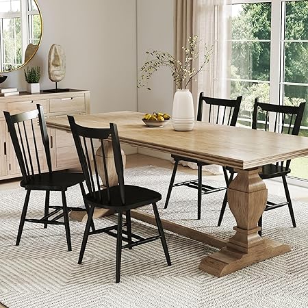 Black Wooden Dining Chairs Set of 4, Windsor Dining Chairs with Spindle High Back & Solid Wood Legs, Farmhouse Vintage Kitchen Chair for Dining Room/Restaurant, Armless