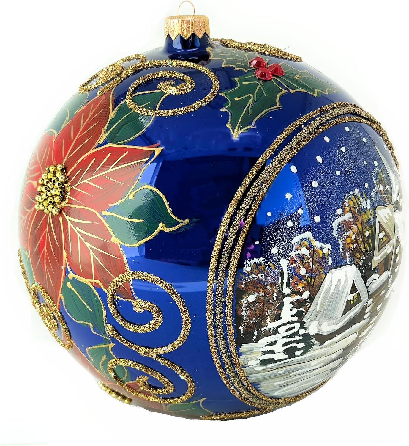 Sapphire Blue Christmas Ornament with Display Stand Polish Blown Glass Ball Hand Painted Extra Large Bauble 8 inch Ø/200mm Midnight Poinsettia