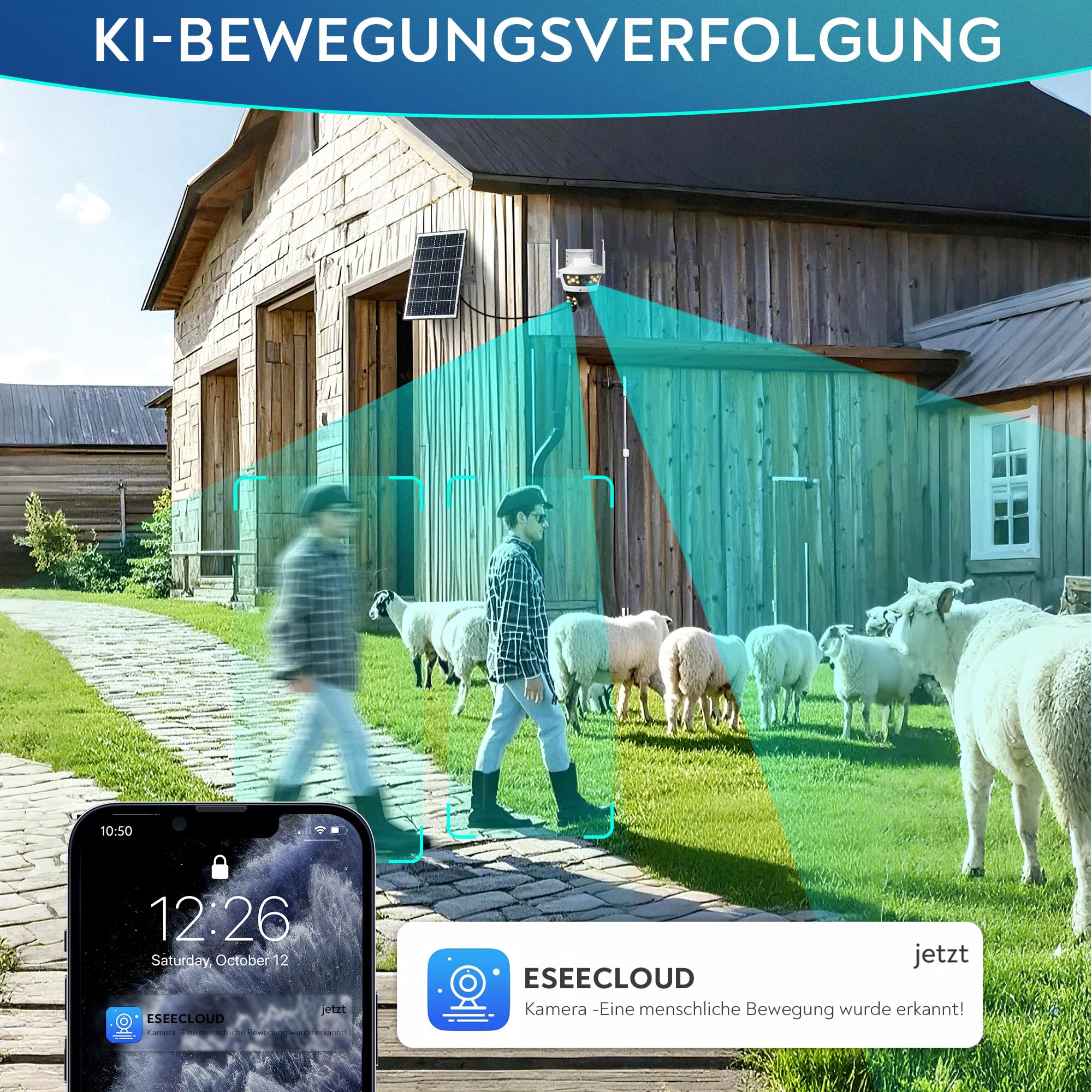 4G LTE【Doppeltes Objektiv】PTZ Solar Überwachungskamera mit SIM Karte außen, 7W Solarpanel, 18000mAh Akku 4MP, 2-Wege Audio, KI Bewegungserkennung, Farb Nachtsicht, Auto Tracking AOV 24/7 Daueraufnahme