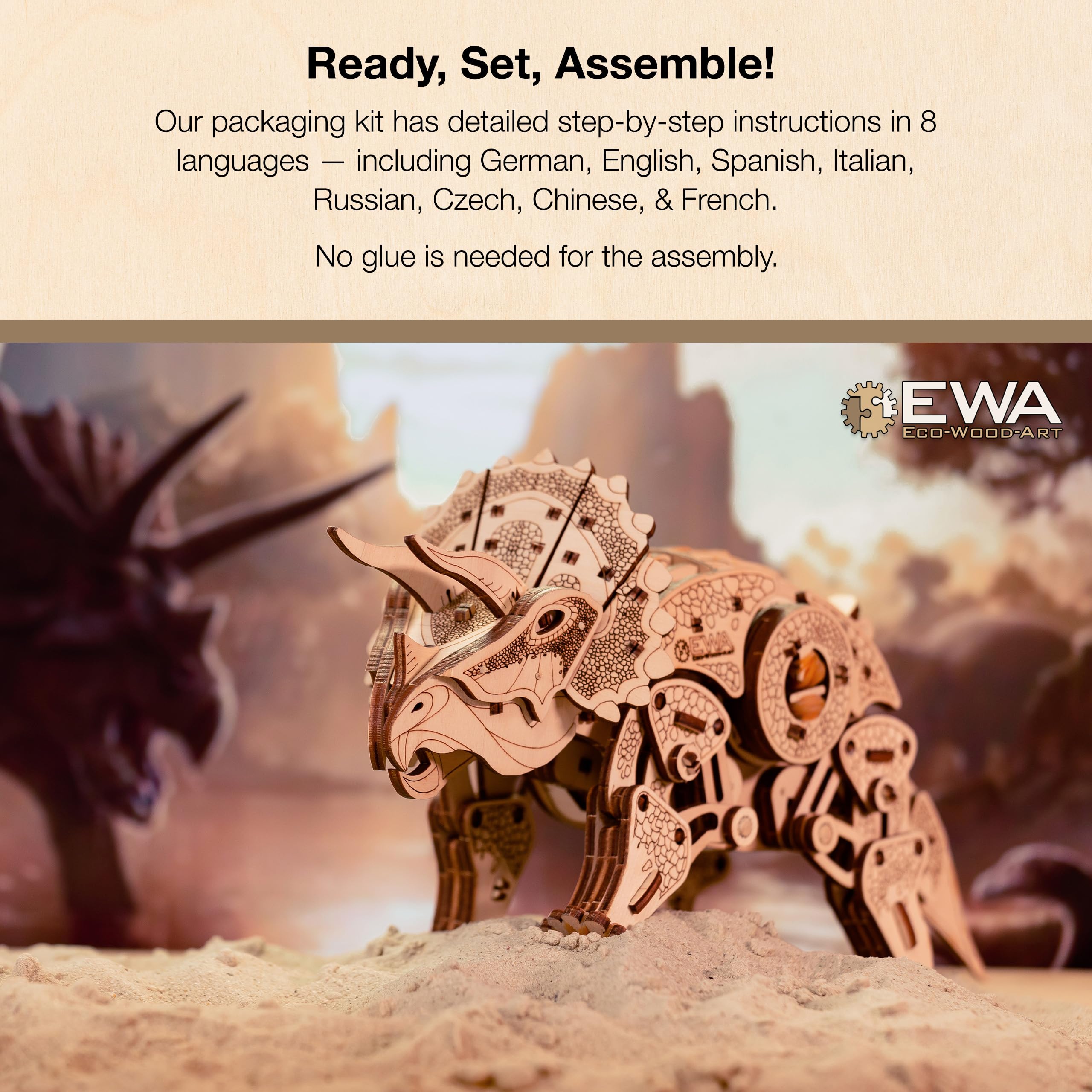 EWA Eco-Wood-Art - Triceratops de Dinosaurio - Rompecabezas mecánico 3D de Madera - Rompecabezas para Adultos y Adolescentes - Montaje sin Pegamento - 283 Piezas